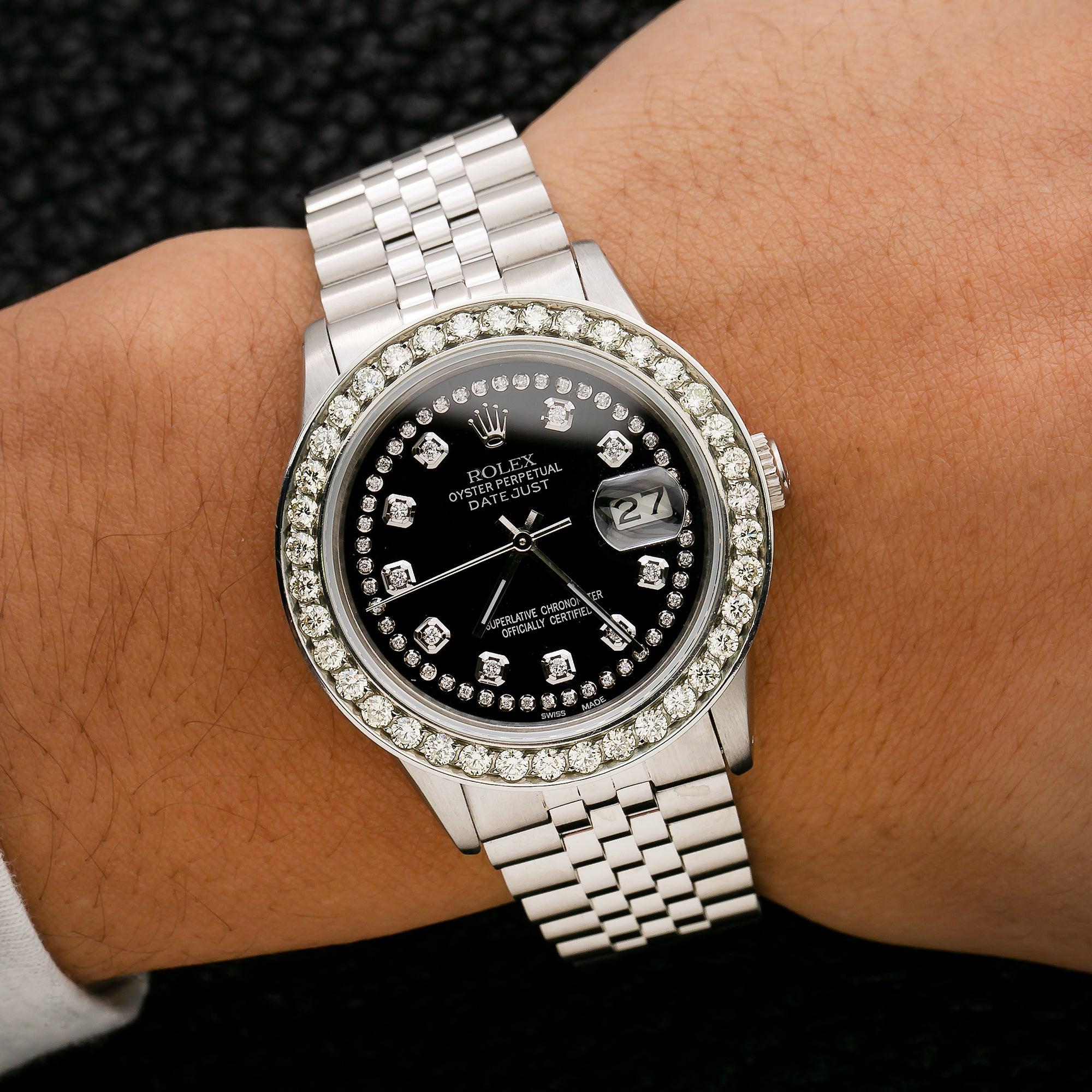 Rolex Datejust 36MM 16014 Black Diamond Dial Diamond Bezel Stainless Steel Jubilee Bracelet 1.5ct