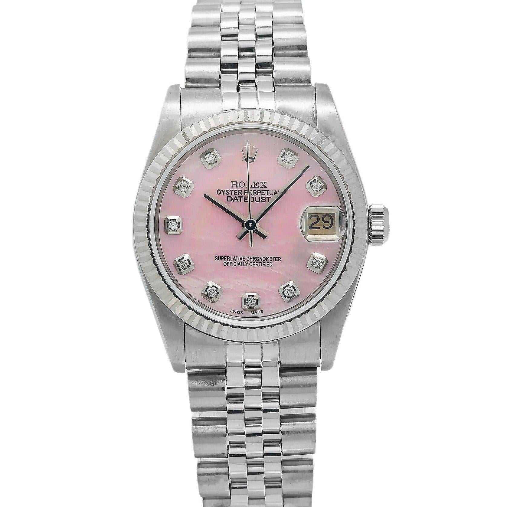 Rolex Datejust 31MM 78274 Pink Mother of Pearl Diamond Dial White Gold Fluted Bezel Stainless Steel Jubilee Bracelet