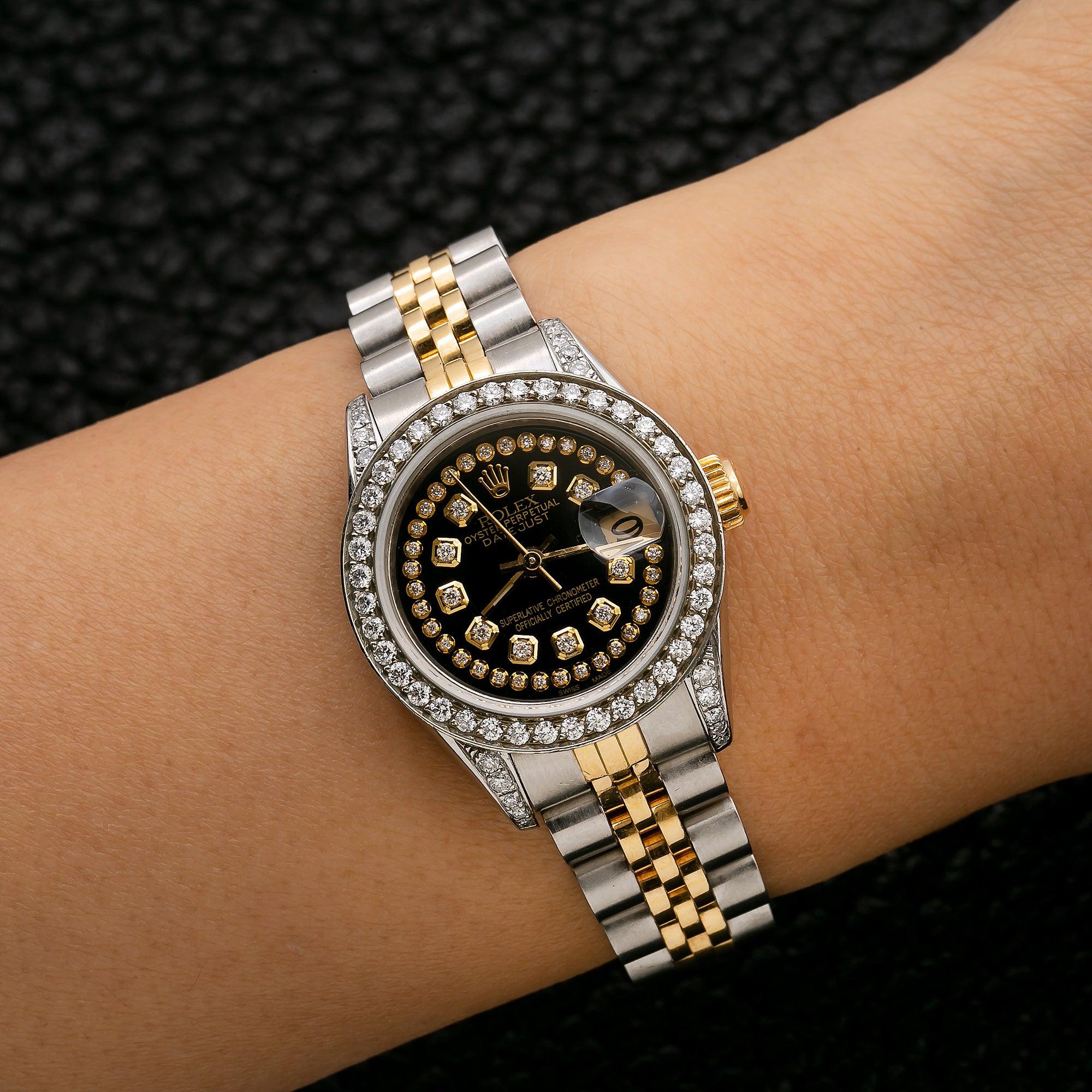Rolex Datejust 26MM 6917 Black Diamond Dial Diamond Bezel Two Tone Yellow Gold Jubilee Bracelet 1.2ct