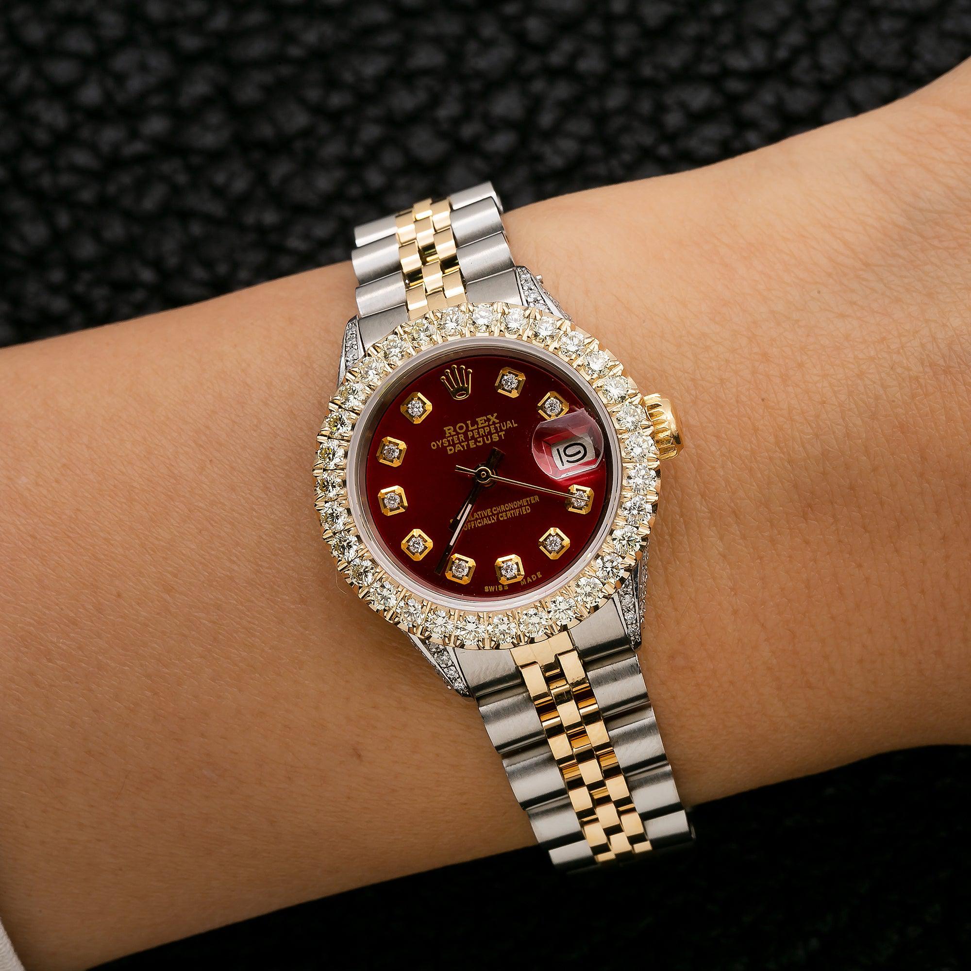 Rolex Datejust 26MM 69173 Red Diamond Dial Diamond Bezel Two Tone Yellow Gold Jubilee Bracelet 2.25ct