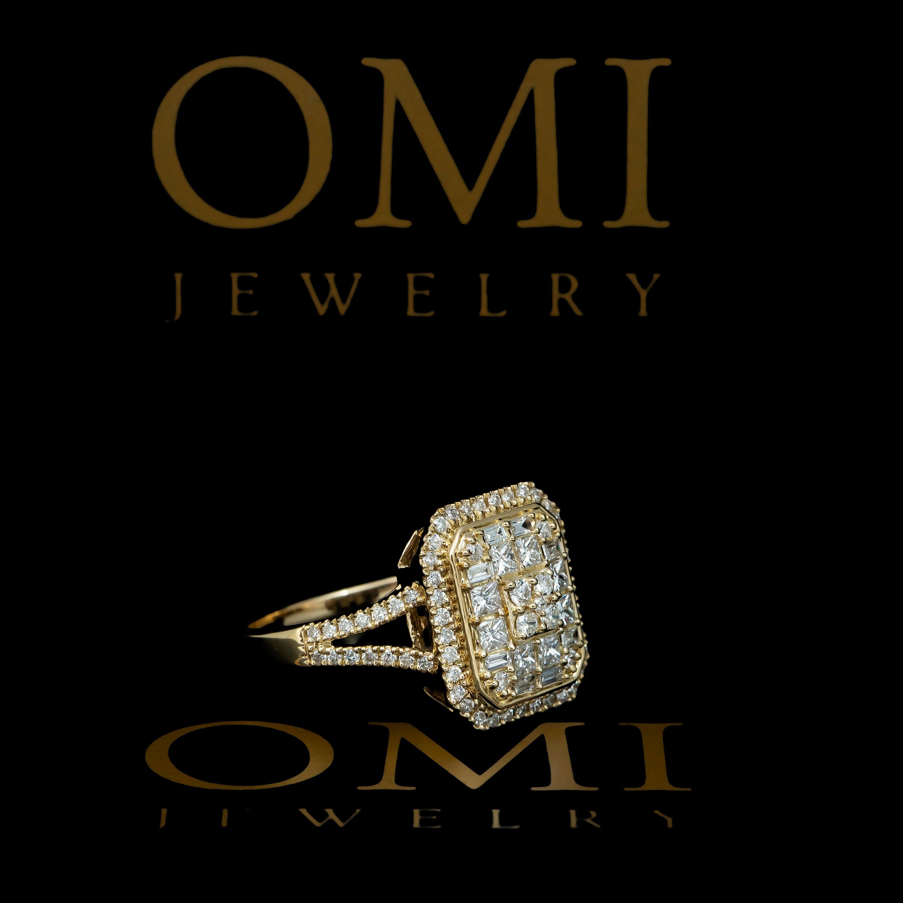 14K GOLD PRINCESS AND BAGUETTE DIAMOND RECTANGLE CLUSTER RING 0.75 CT