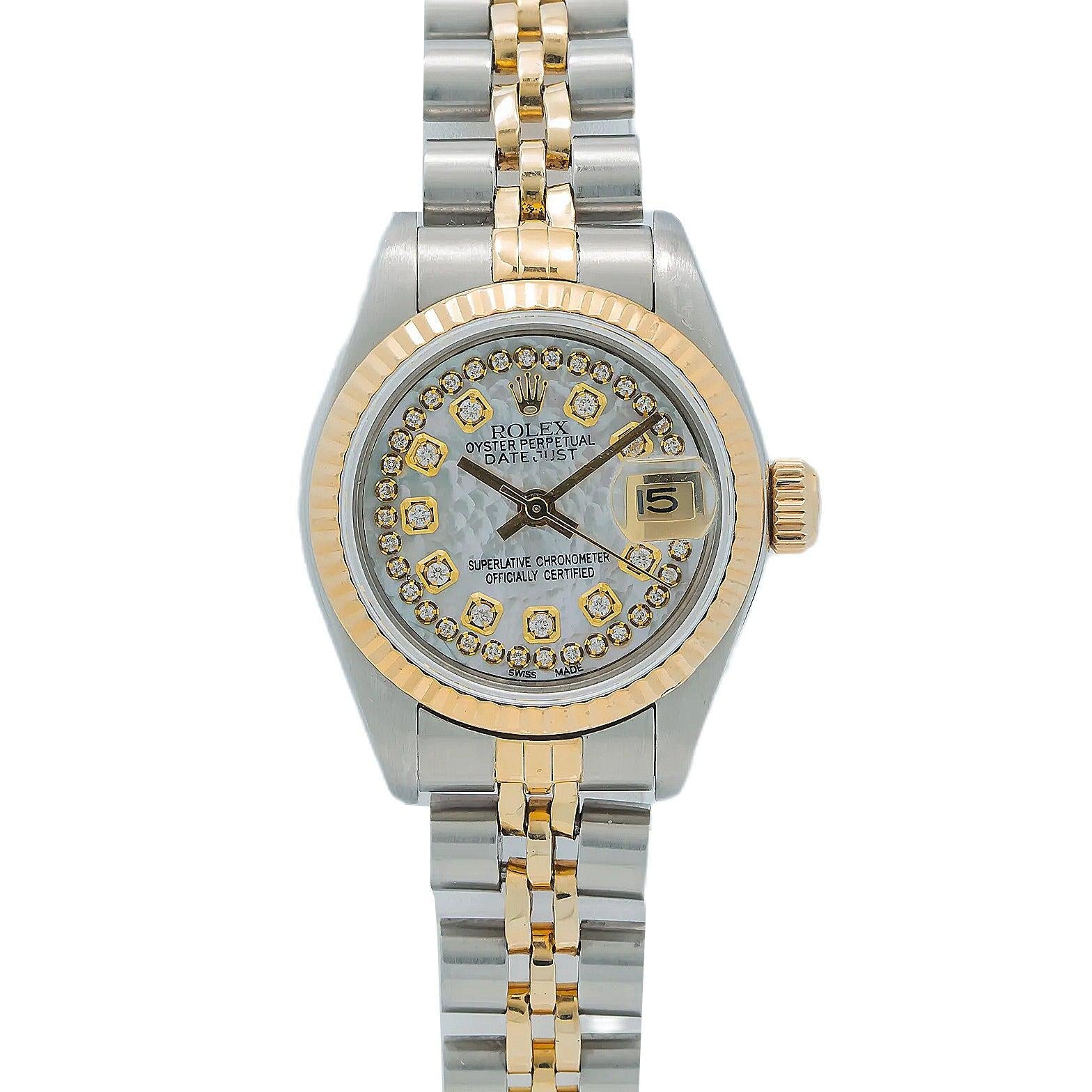 Rolex Datejust 26MM 69173 Mother of Pearl Diamond Dial Yellow Gold Fluted Bezel Two Tone Jubilee Bracelet