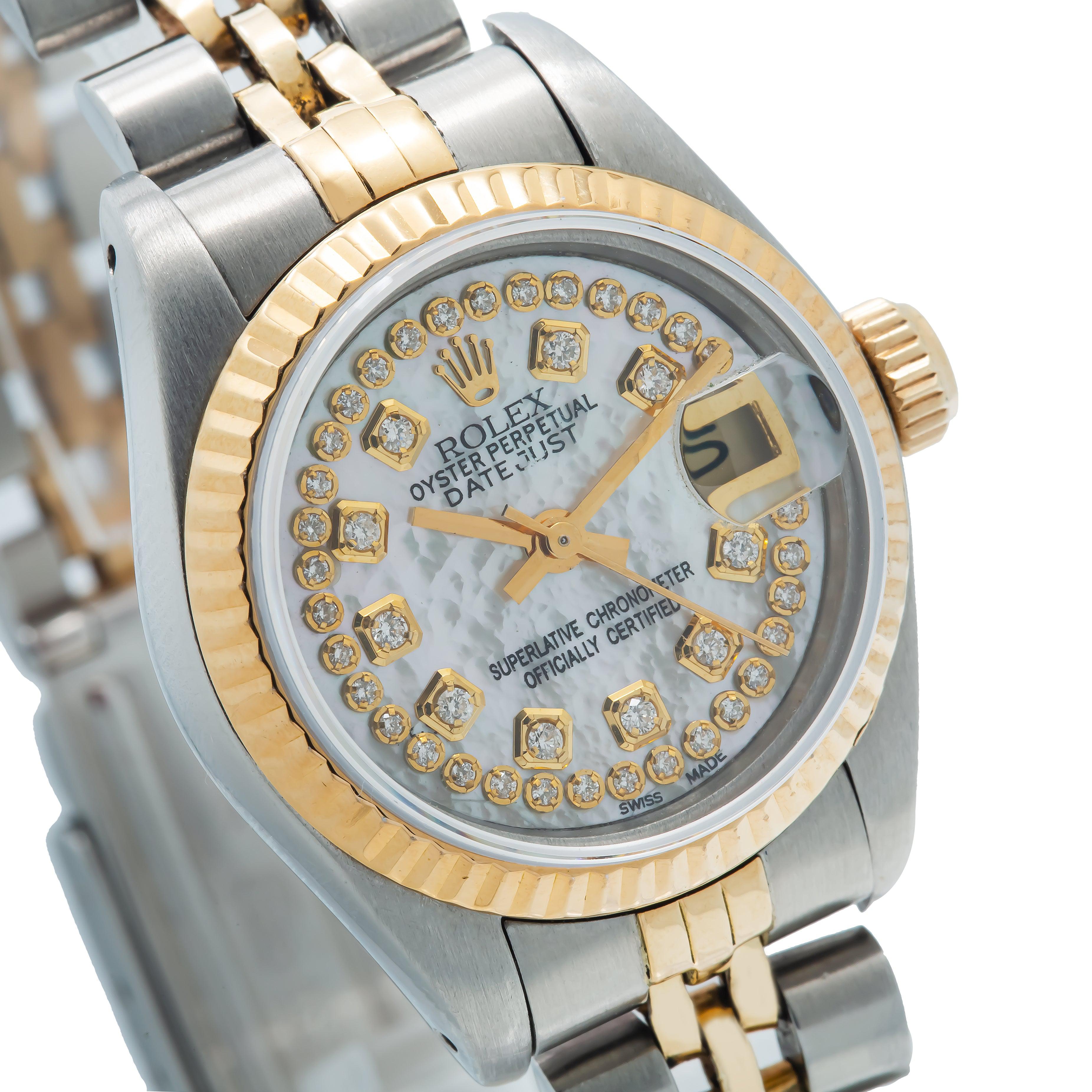 Rolex Datejust 26MM 69173 White Mother of Pearl Diamond Dial Fluted Bezel Two Tone Yellow Gold Jubilee Bracelet