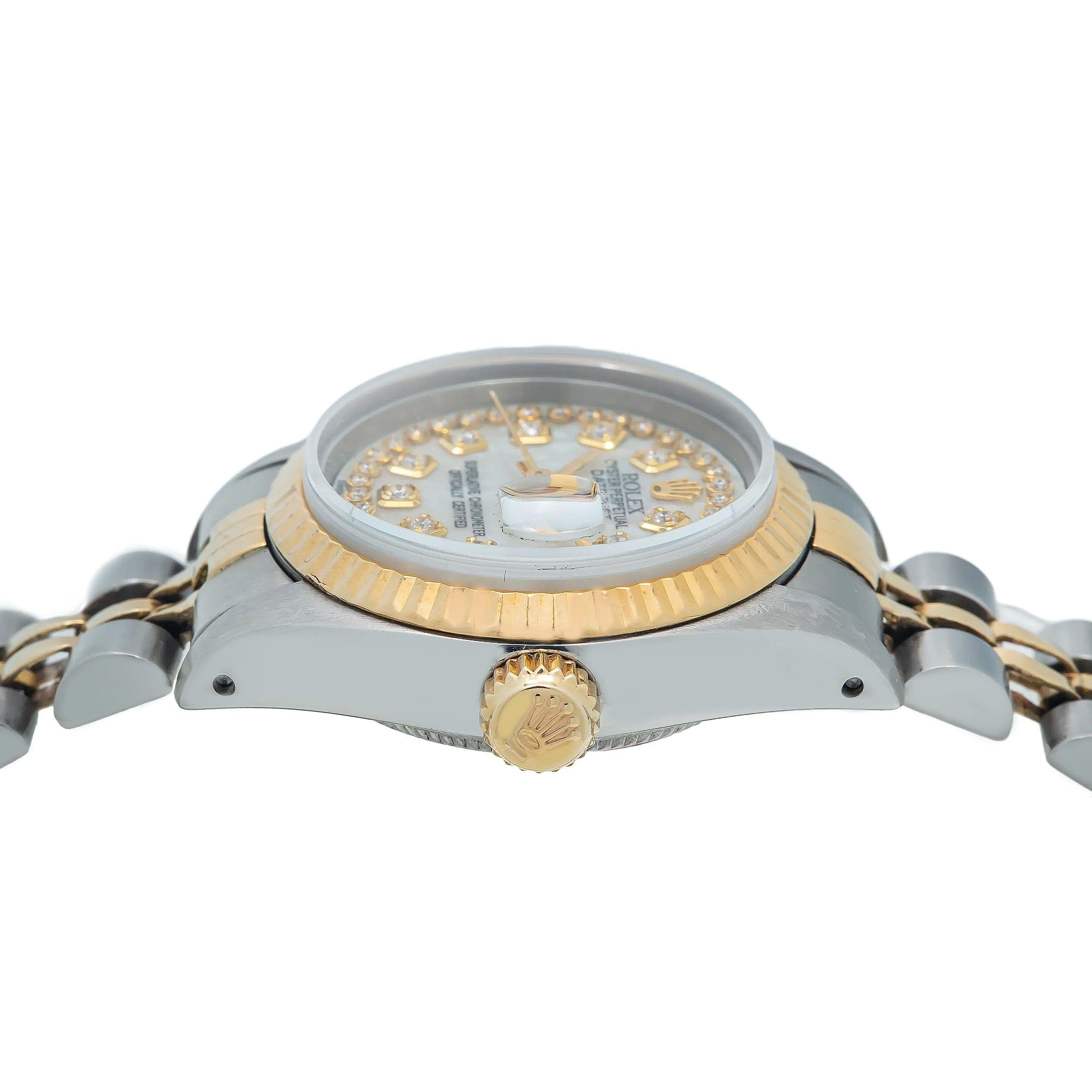 Rolex Datejust 26MM 69173 White Mother of Pearl Diamond Dial Fluted Bezel Two Tone Yellow Gold Jubilee Bracelet
