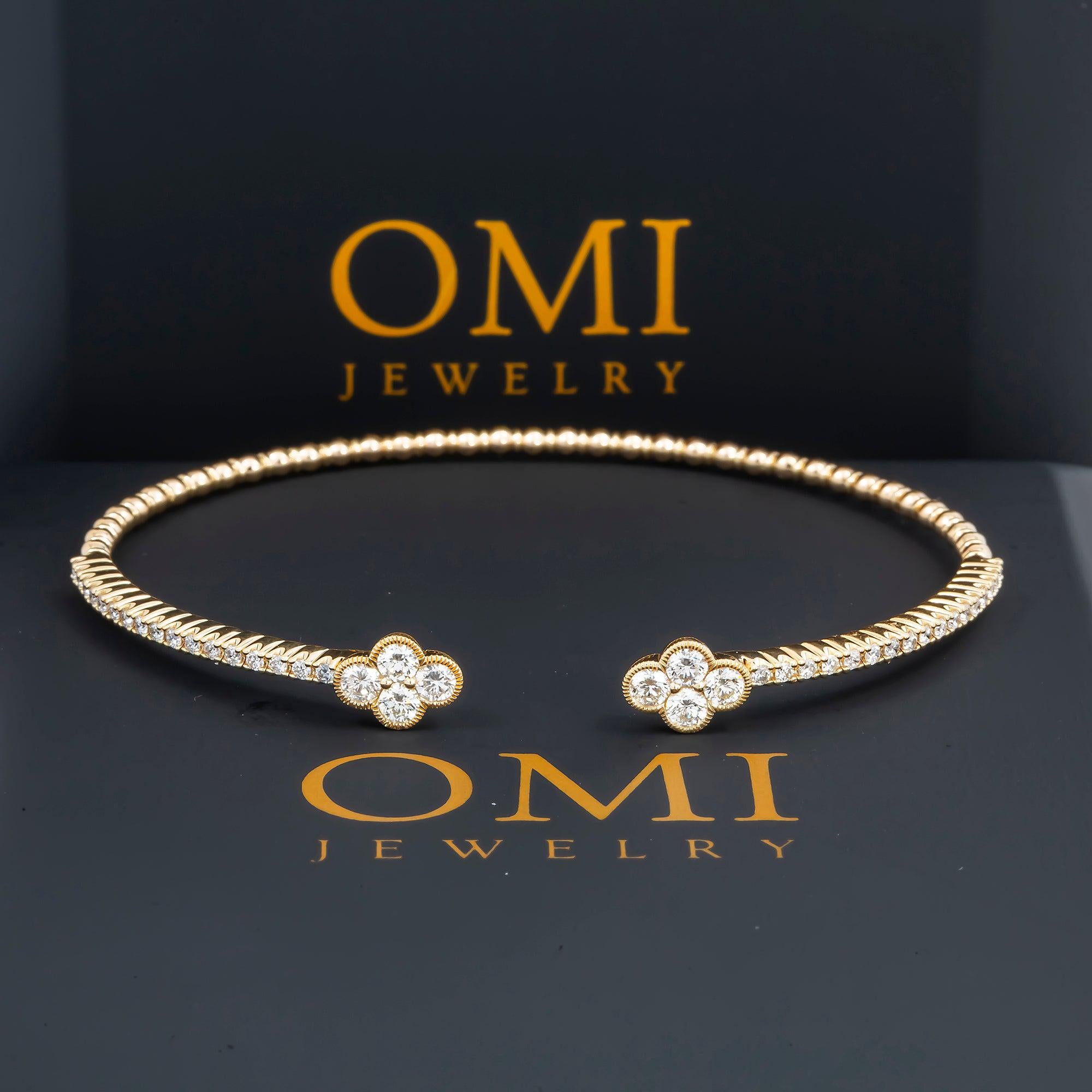 18K GOLD ROUND DIAMONDS CLOVER SHAPE THIN BANGLE BRACELET 1.05 CT