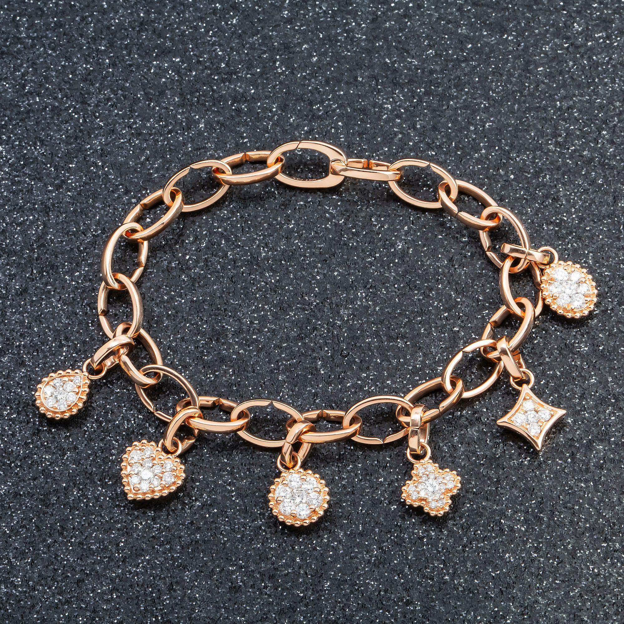 18K GOLD ROUND DIAMOND HEART CLOVER SHAPES CHARM BRACELET 1.88 CT