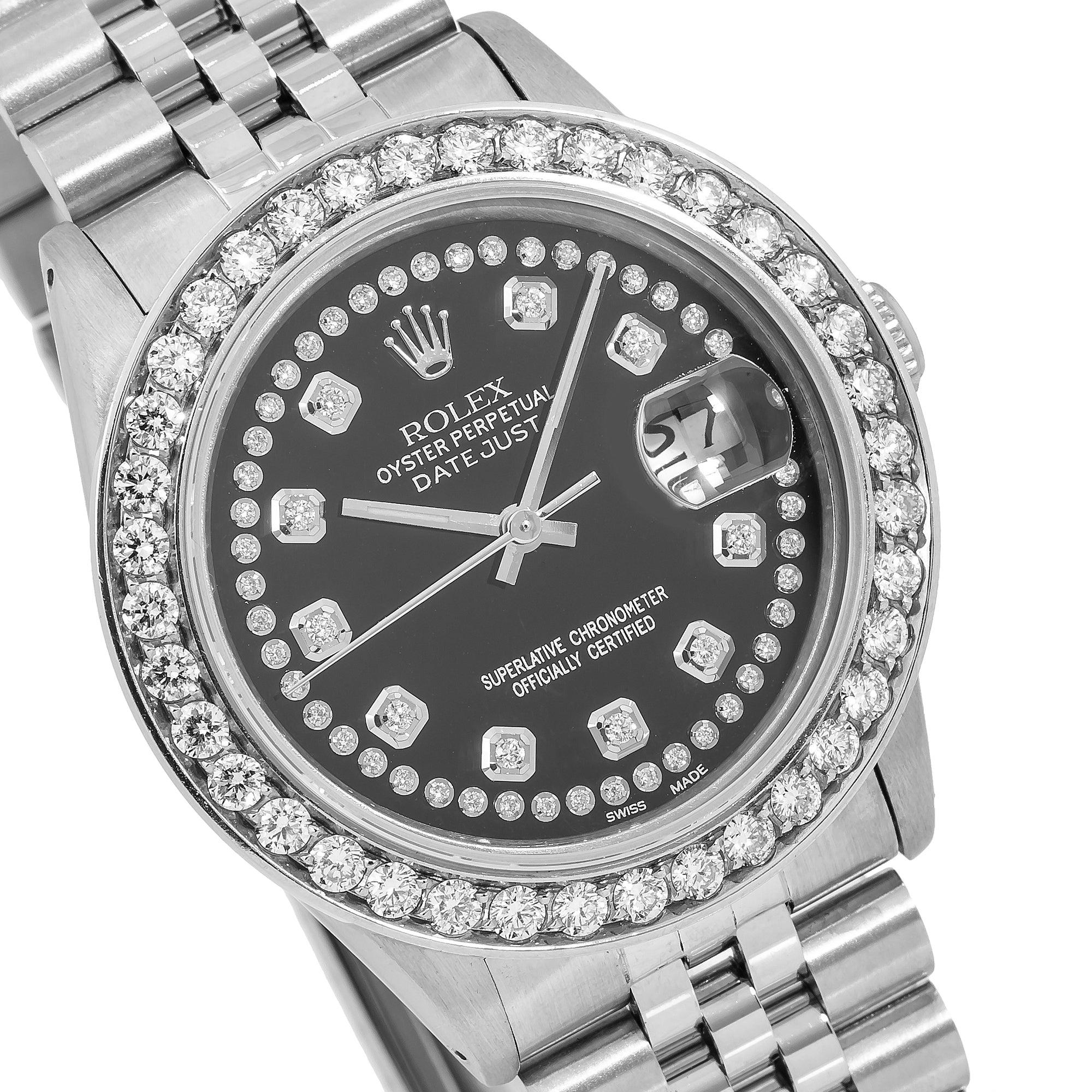 Rolex Datejust 36MM 16014 Black Diamond Dial Diamond Bezel Stainless Steel Jubilee Bracelet 1.5ct