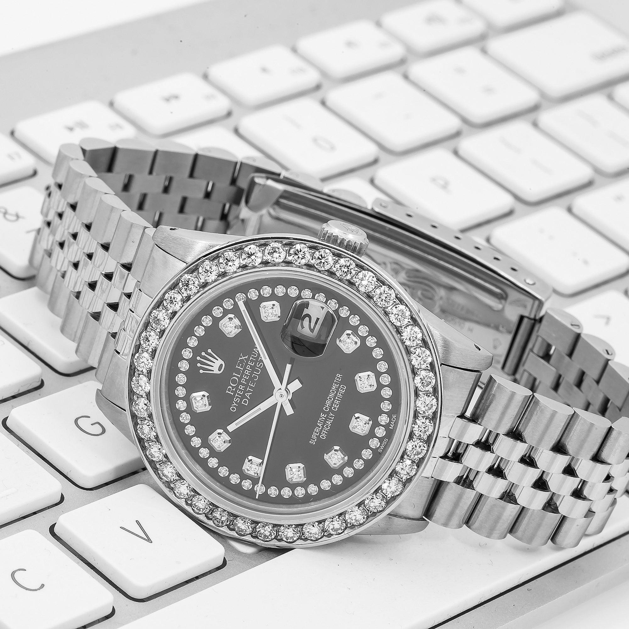 Rolex Datejust 36MM 16014 Black Diamond Dial Diamond Bezel Stainless Steel Jubilee Bracelet 1.5ct