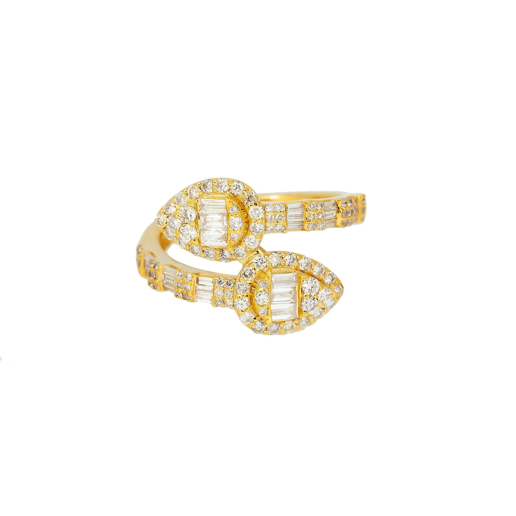 14K GOLD BAGUETTE DIAMOND TWISTED OPEN CUFF PEAR CLUSTERS RING 1.15 CT