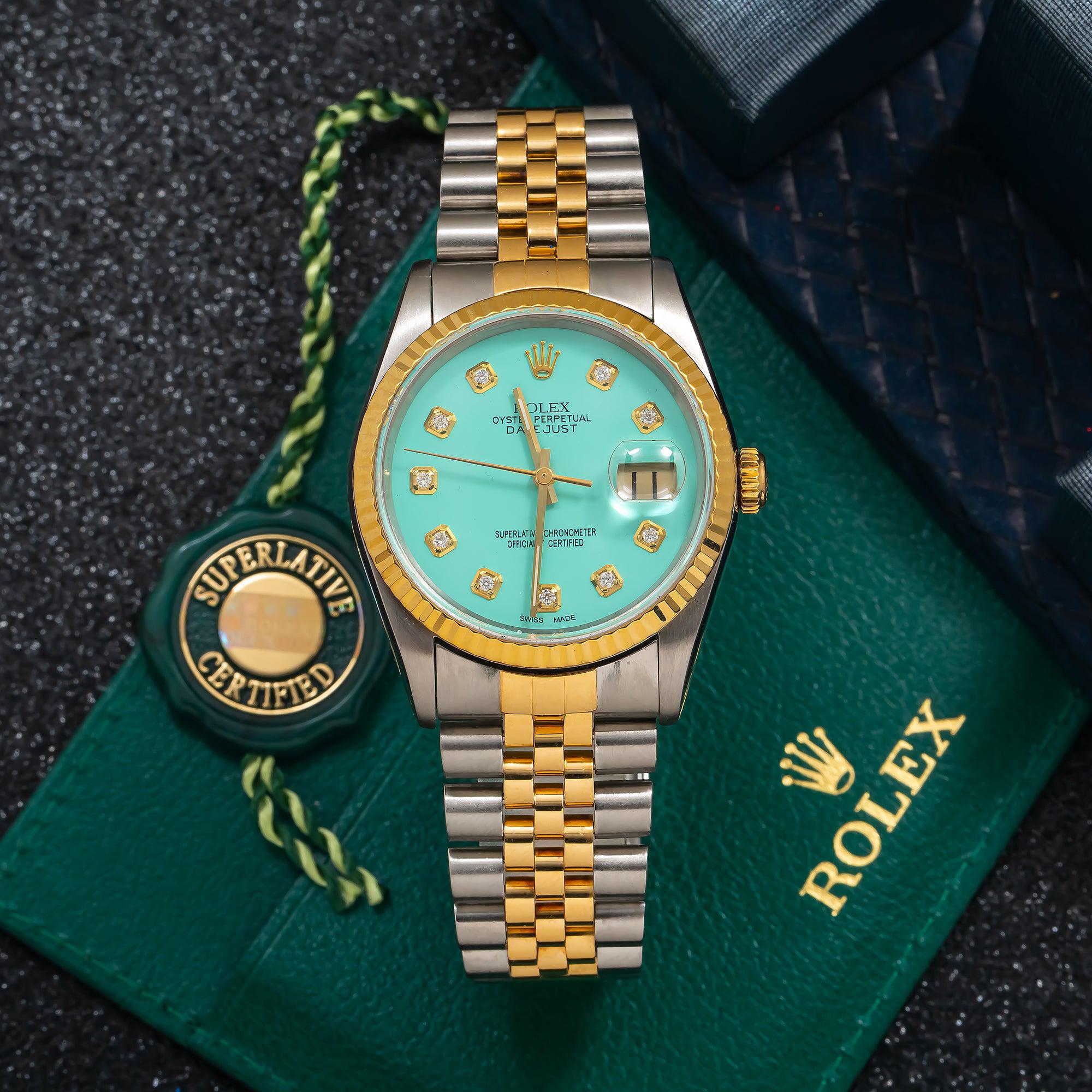Rolex Datejust 36MM 16013 Turquoise Diamond Dial Fluted Bezel Two Tone Yellow Gold Jubilee Bracelet