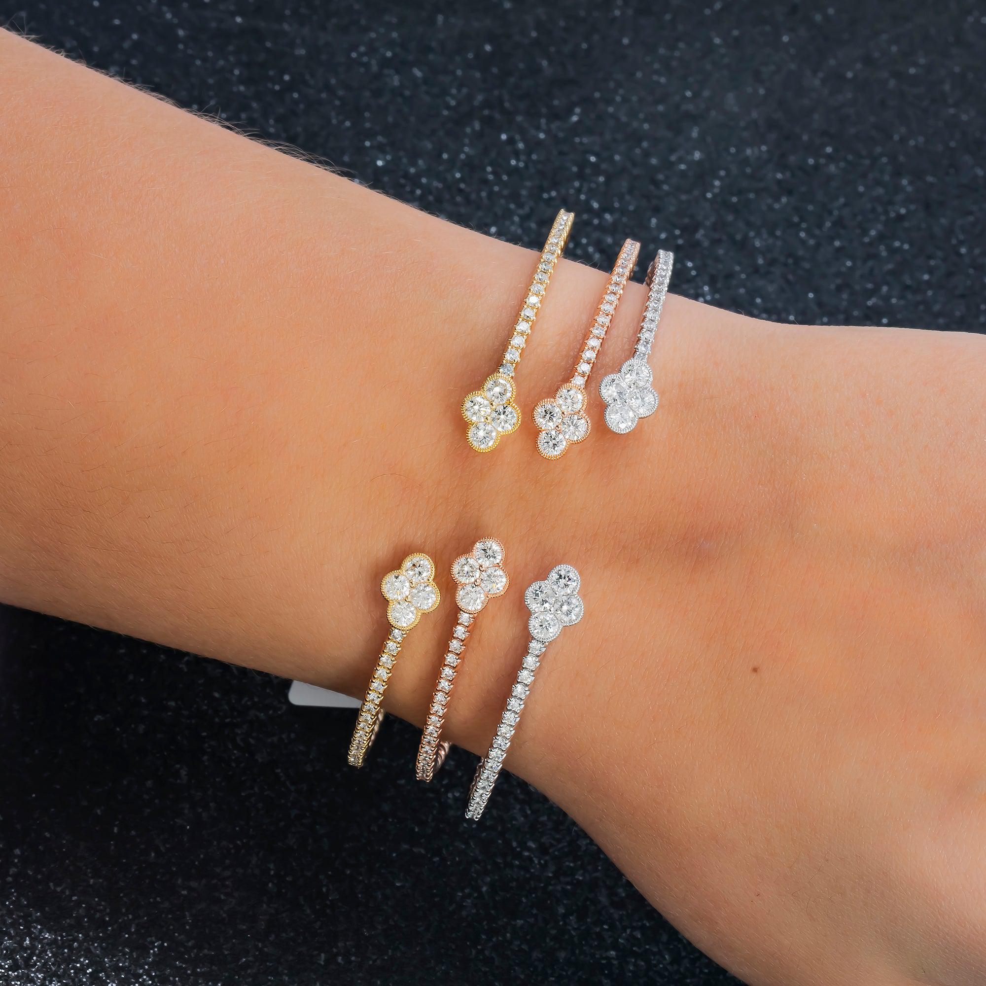 18K GOLD ROUND DIAMONDS CLOVER SHAPE THIN BANGLE BRACELET 1.05 CT