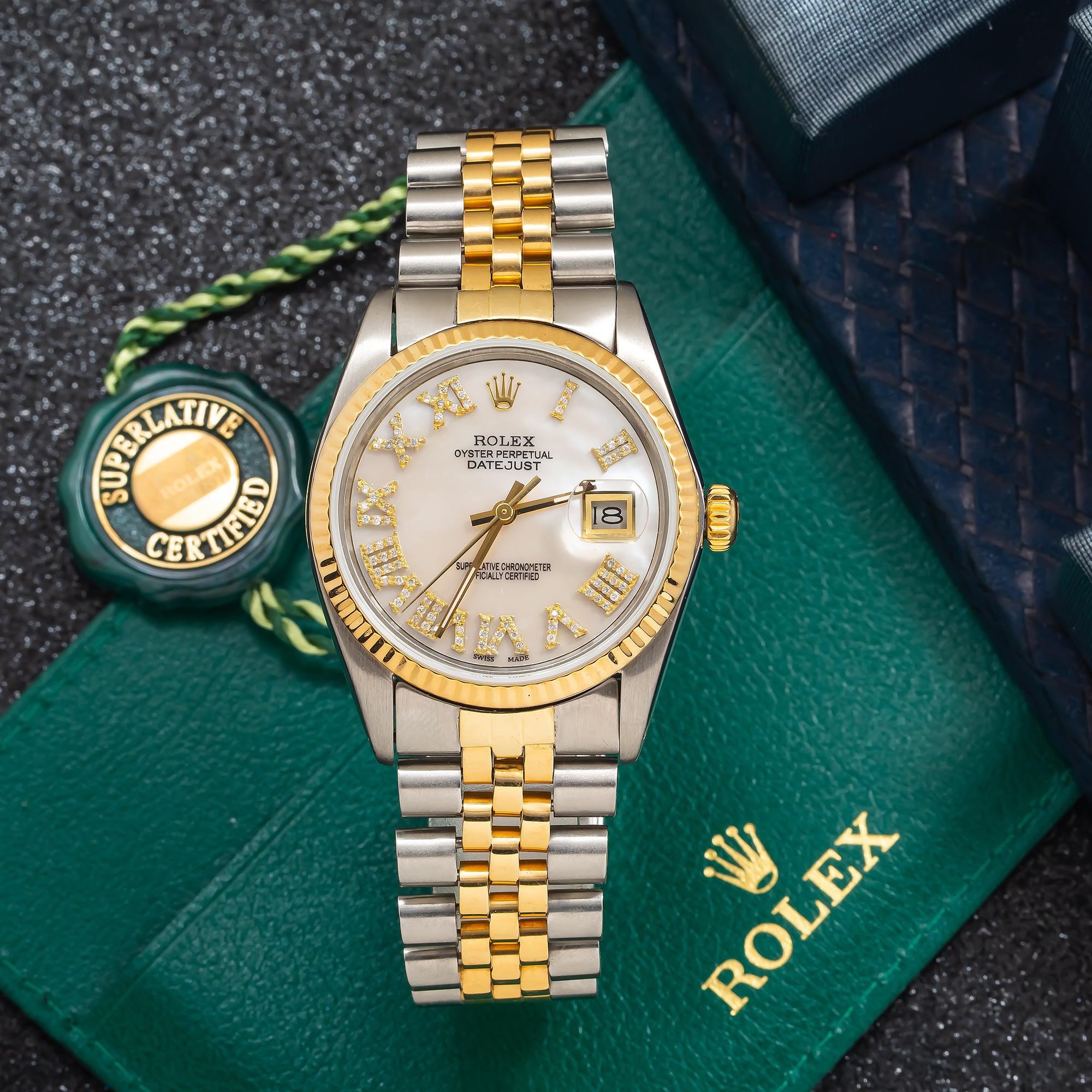 Rolex Datejust 31MM 6824 White Mother of Pearl Roman Diamond Dial Fluted Bezel Two Tone Yellow Gold Jubilee Bracelet