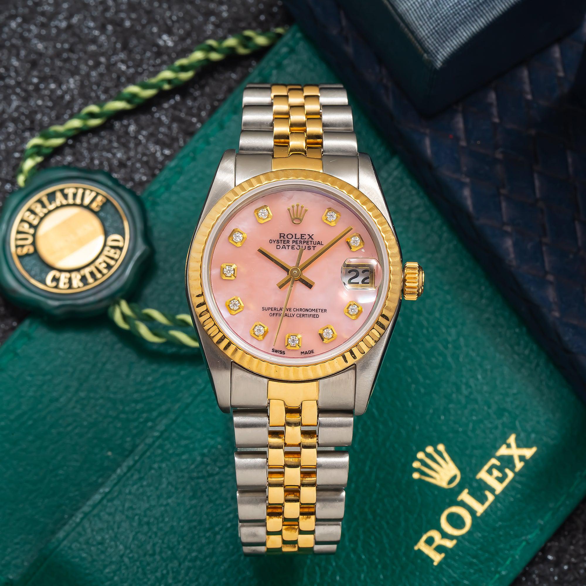 Rolex Datejust 31MM 6824 Pink Mother of Pearl Diamond Dial Fluted Bezel Two Tone Yellow Gold Jubilee Bracelet