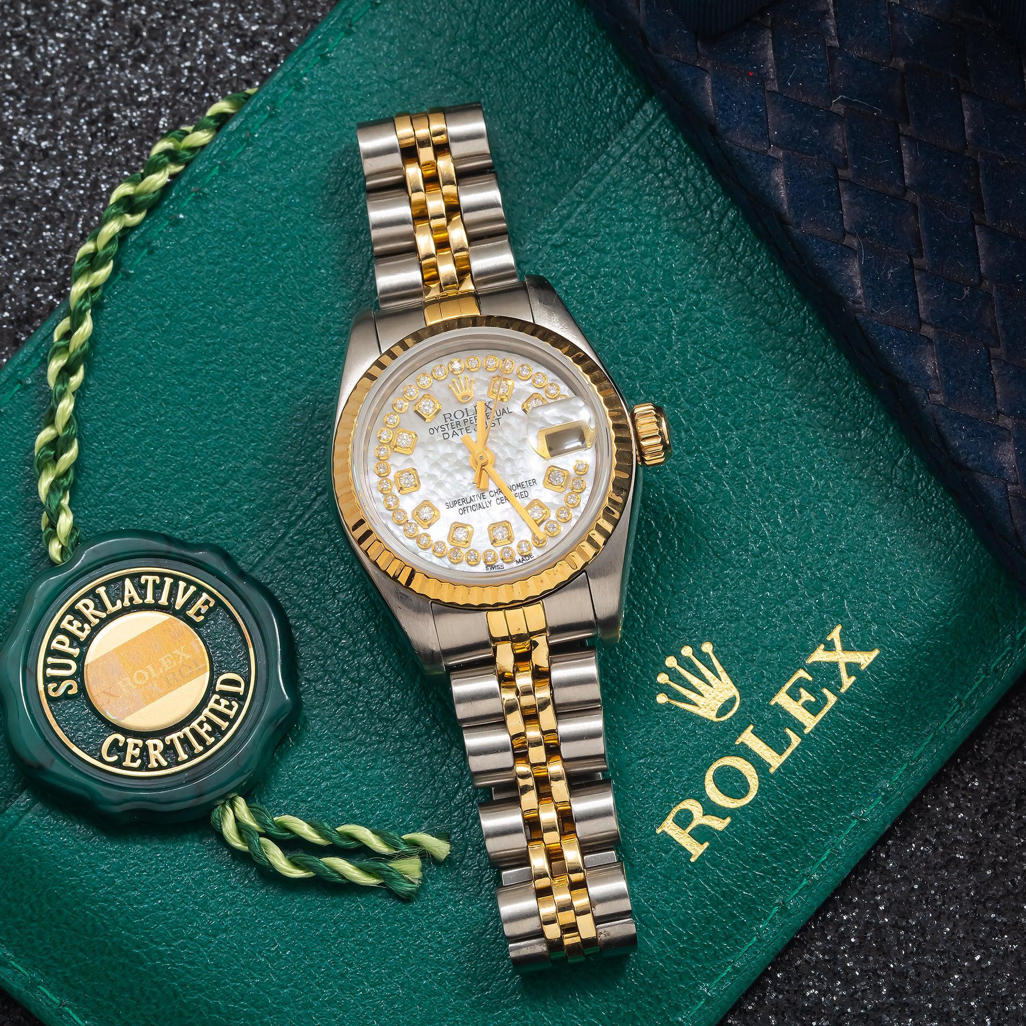Rolex Datejust 26MM 69173 White Mother of Pearl Diamond Dial Fluted Bezel Two Tone Yellow Gold Jubilee Bracelet