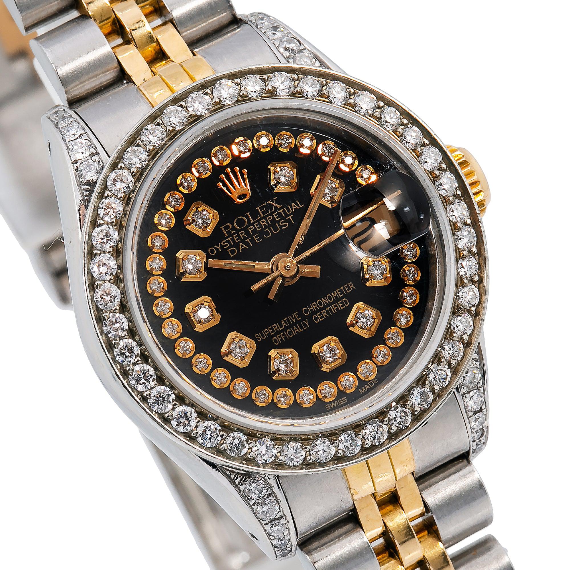 Rolex Datejust 26MM 6917 Black Diamond Dial Diamond Bezel Two Tone Yellow Gold Jubilee Bracelet 1.2ct