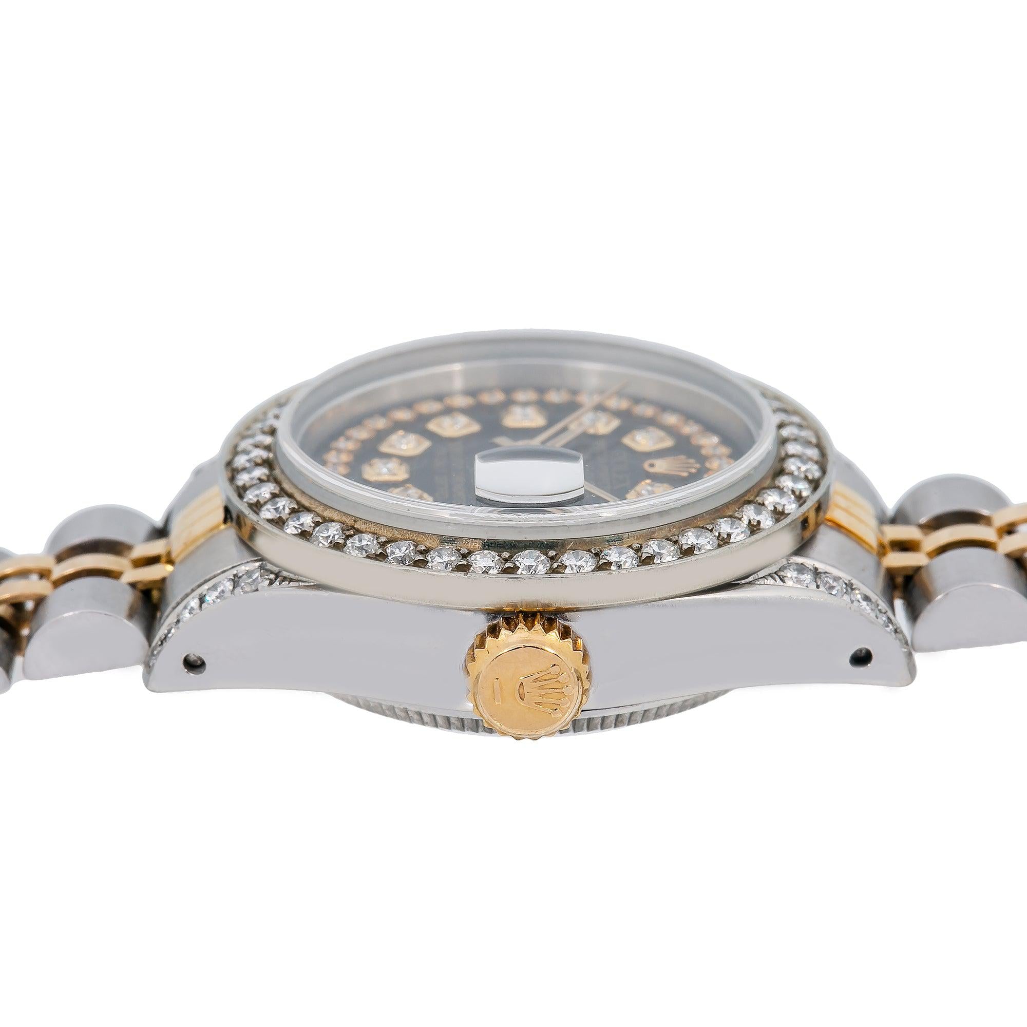 Rolex Datejust 26MM 6917 Black Diamond Dial Diamond Bezel Two Tone Yellow Gold Jubilee Bracelet 1.2ct