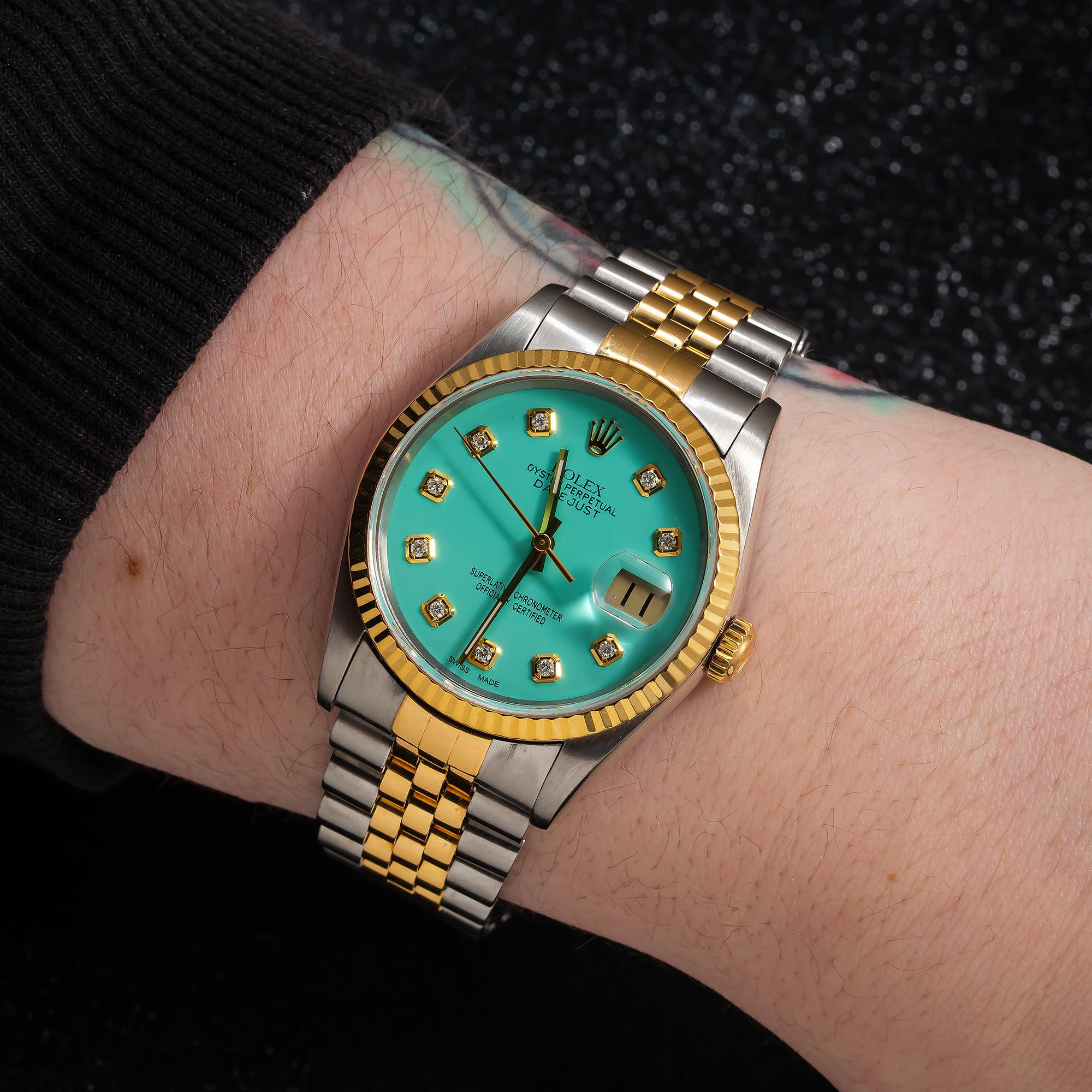 Rolex Datejust 36MM 16013 Turquoise Diamond Dial Fluted Bezel Two Tone Yellow Gold Jubilee Bracelet