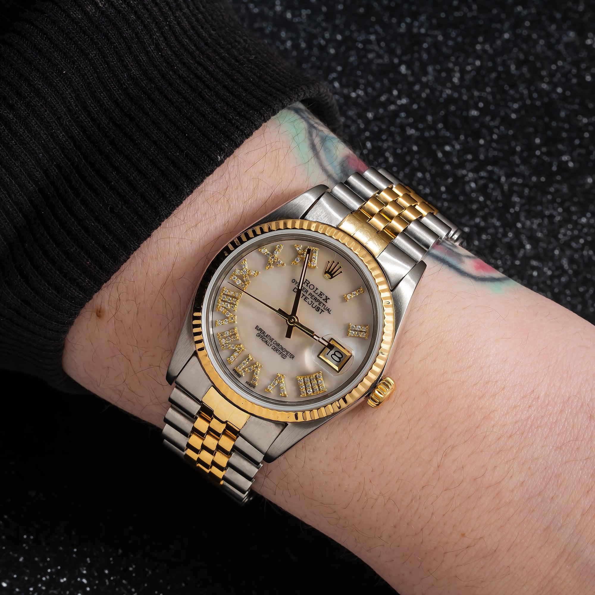 Rolex Datejust 31MM 6824 White Mother of Pearl Roman Diamond Dial Fluted Bezel Two Tone Yellow Gold Jubilee Bracelet