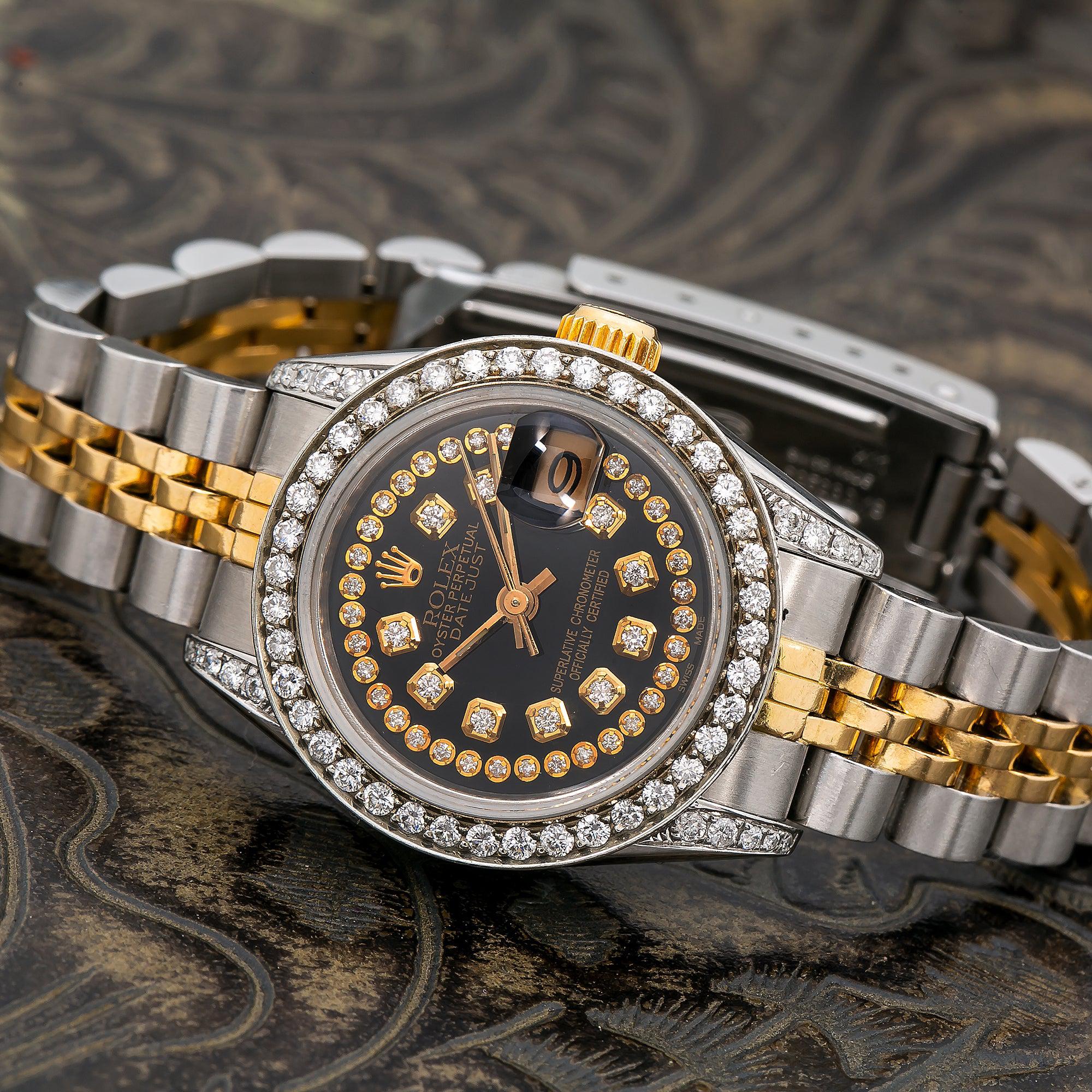 Rolex Datejust 26MM 6917 Black Diamond Dial Diamond Bezel Two Tone Yellow Gold Jubilee Bracelet 1.2ct