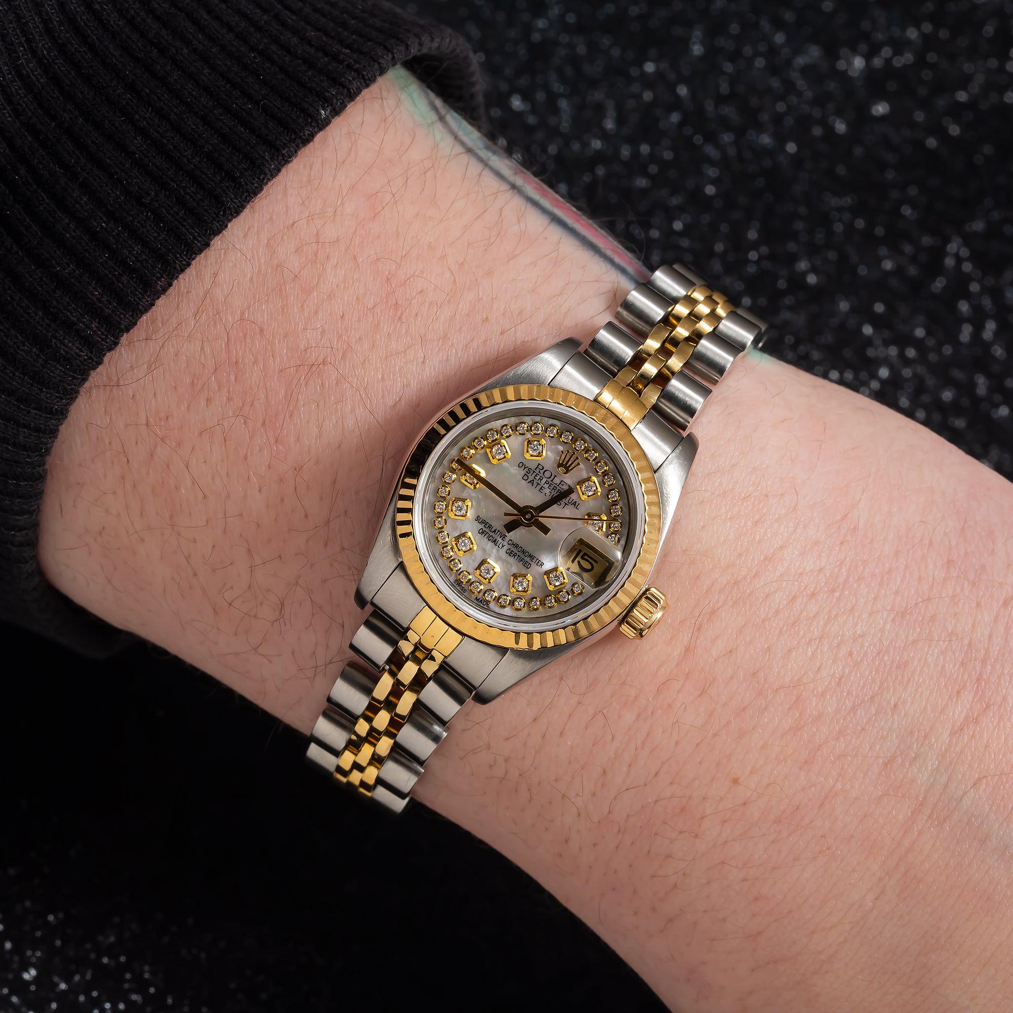 Rolex Datejust 26MM 69173 White Mother of Pearl Diamond Dial Fluted Bezel Two Tone Yellow Gold Jubilee Bracelet