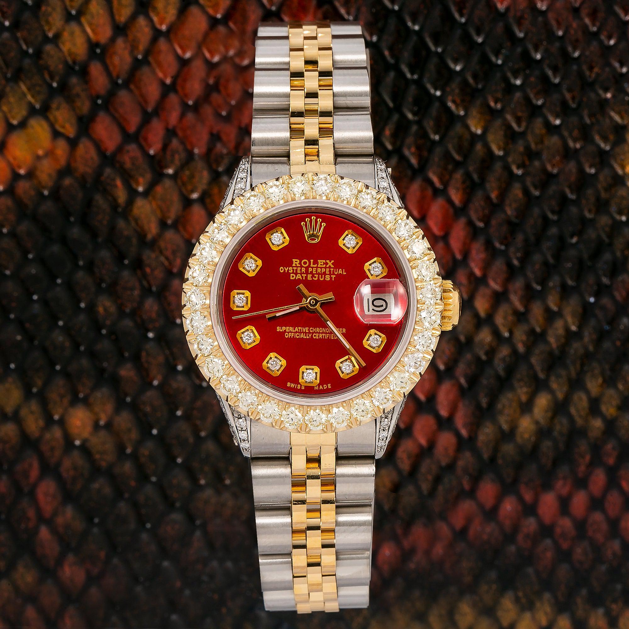 Rolex Datejust 26MM 69173 Red Diamond Dial Diamond Bezel Two Tone Yellow Gold Jubilee Bracelet 2.25ct