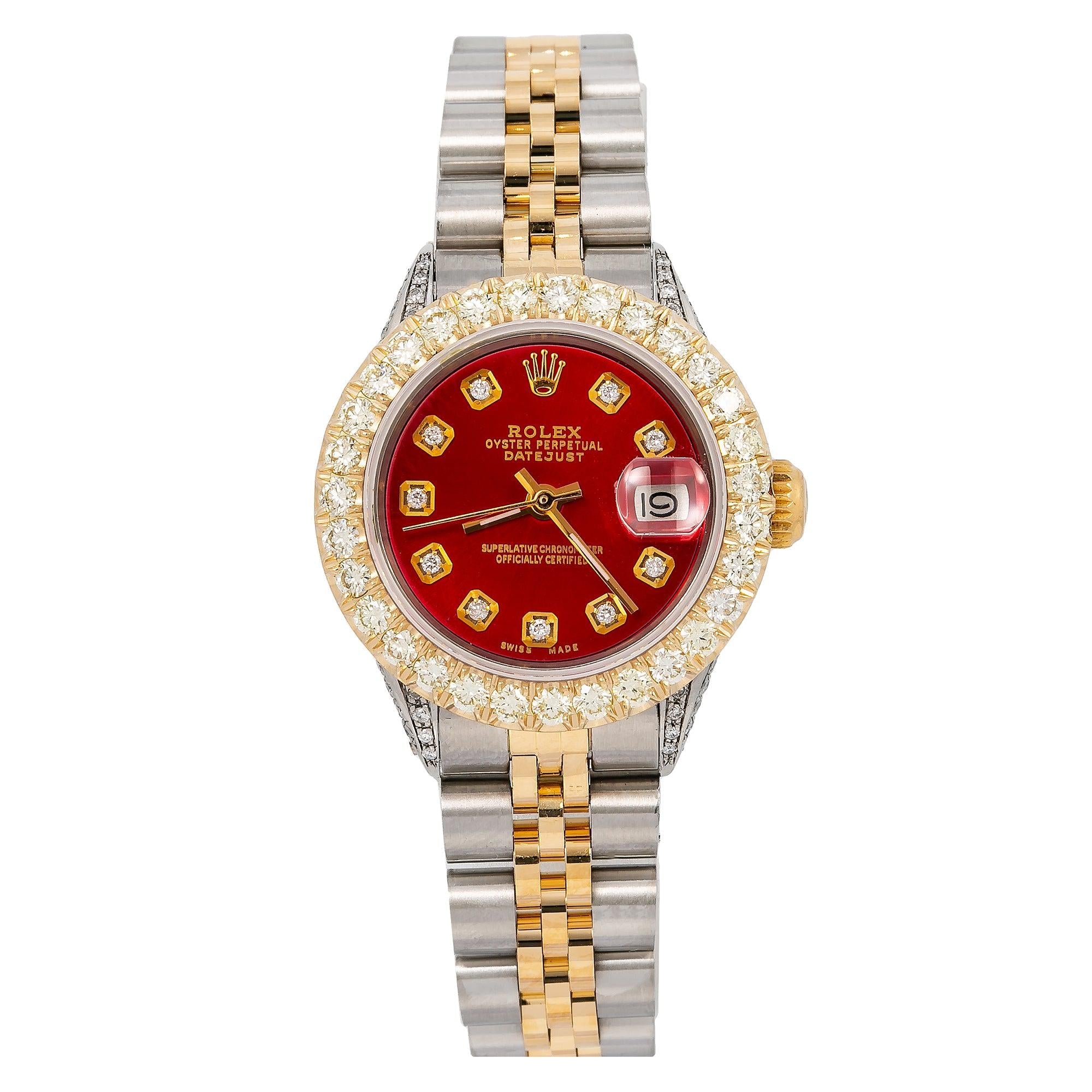 Rolex Datejust 26MM 69173 Red Diamond Dial Diamond Bezel Two Tone Jubilee Bracelet 2.25ct
