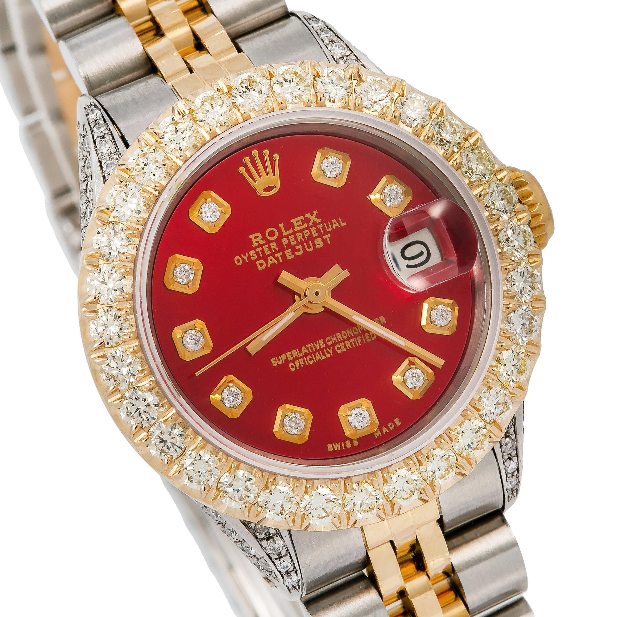 Rolex Datejust 26MM 69173 Red Diamond Dial Diamond Bezel Two Tone Yellow Gold Jubilee Bracelet 2.25ct