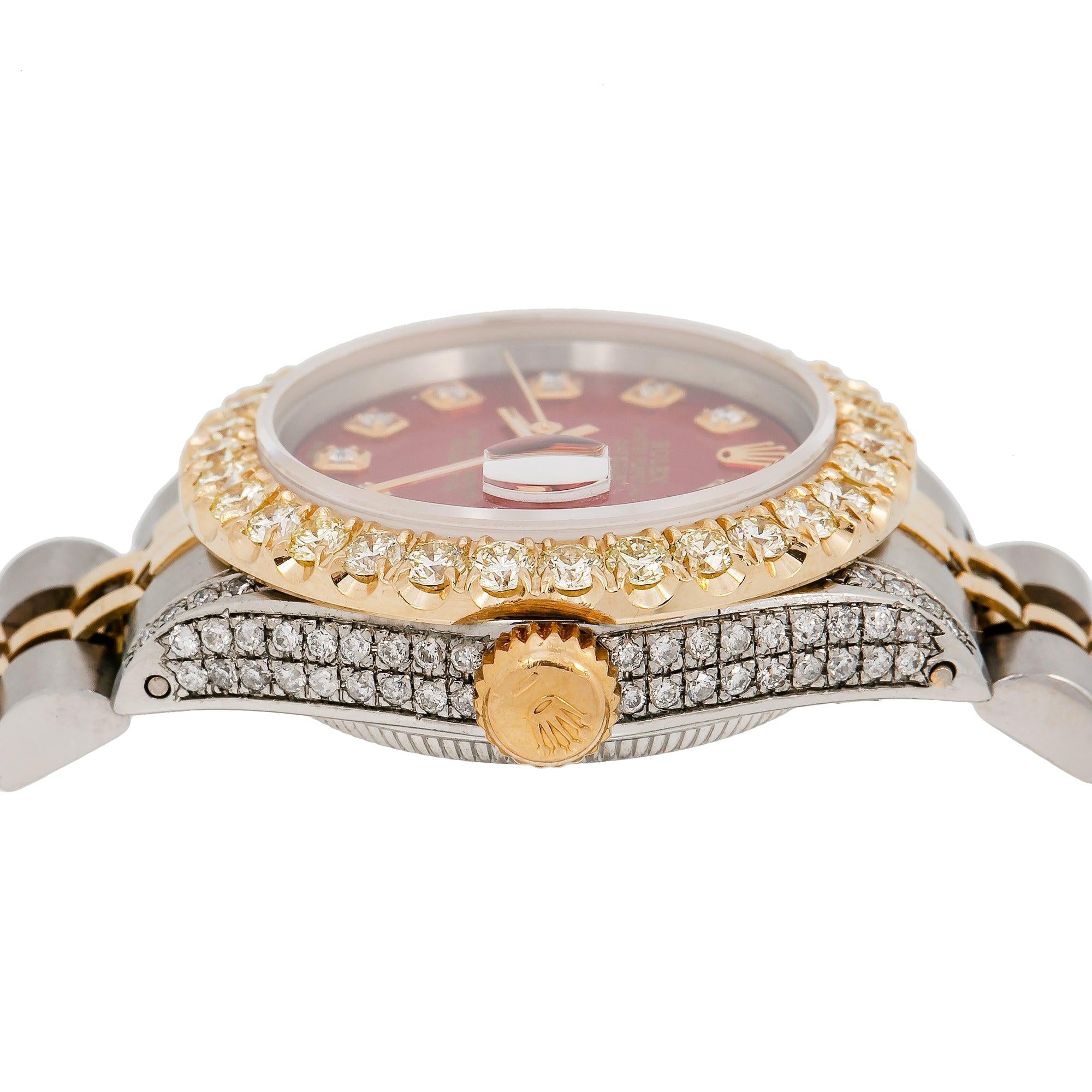 Rolex Datejust 26MM 69173 Red Diamond Dial Diamond Bezel Two Tone Yellow Gold Jubilee Bracelet 2.25ct