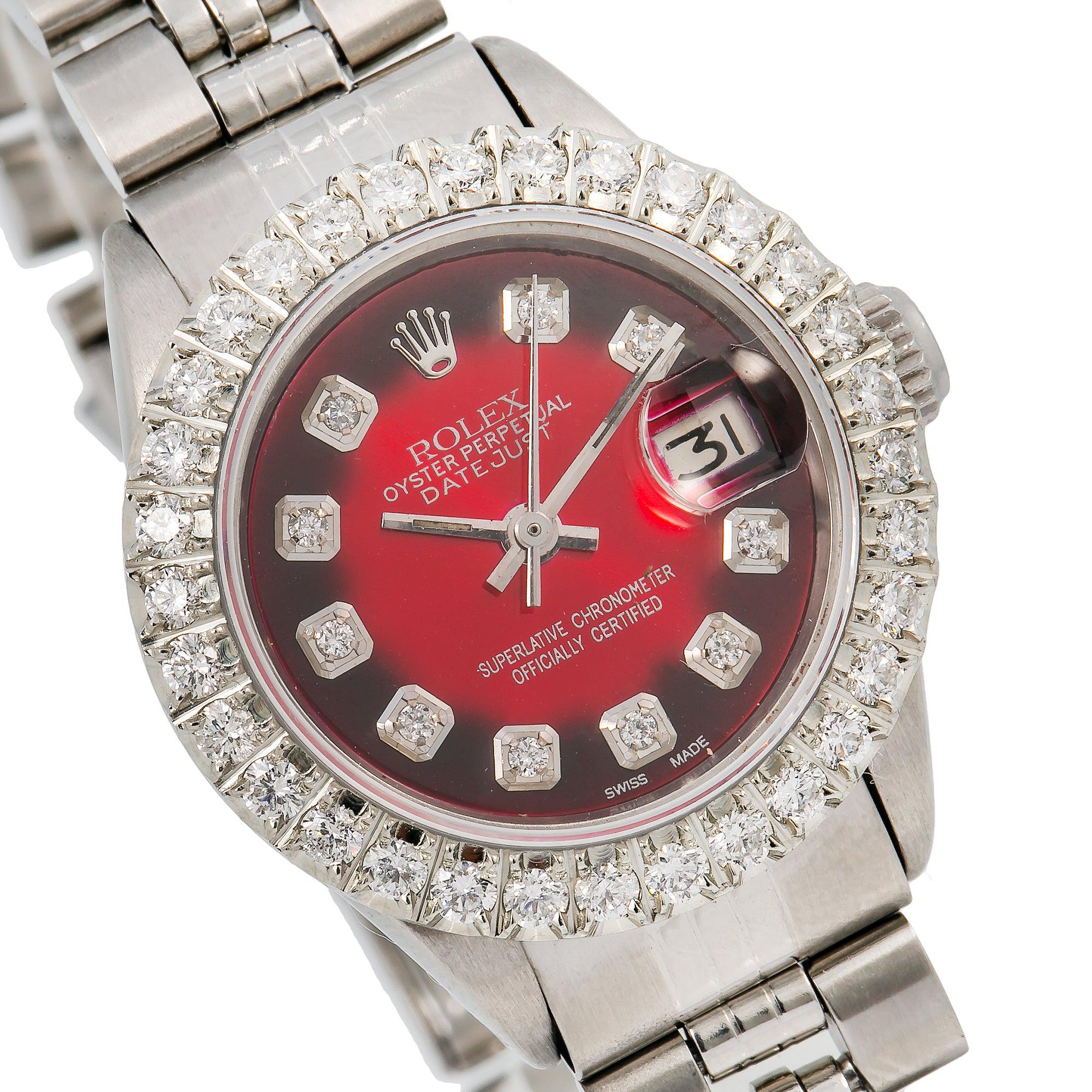 Rolex Datejust 26MM 6917 Red Diamond Dial Diamond Bezel Stainless Steel Jubilee Bracelet