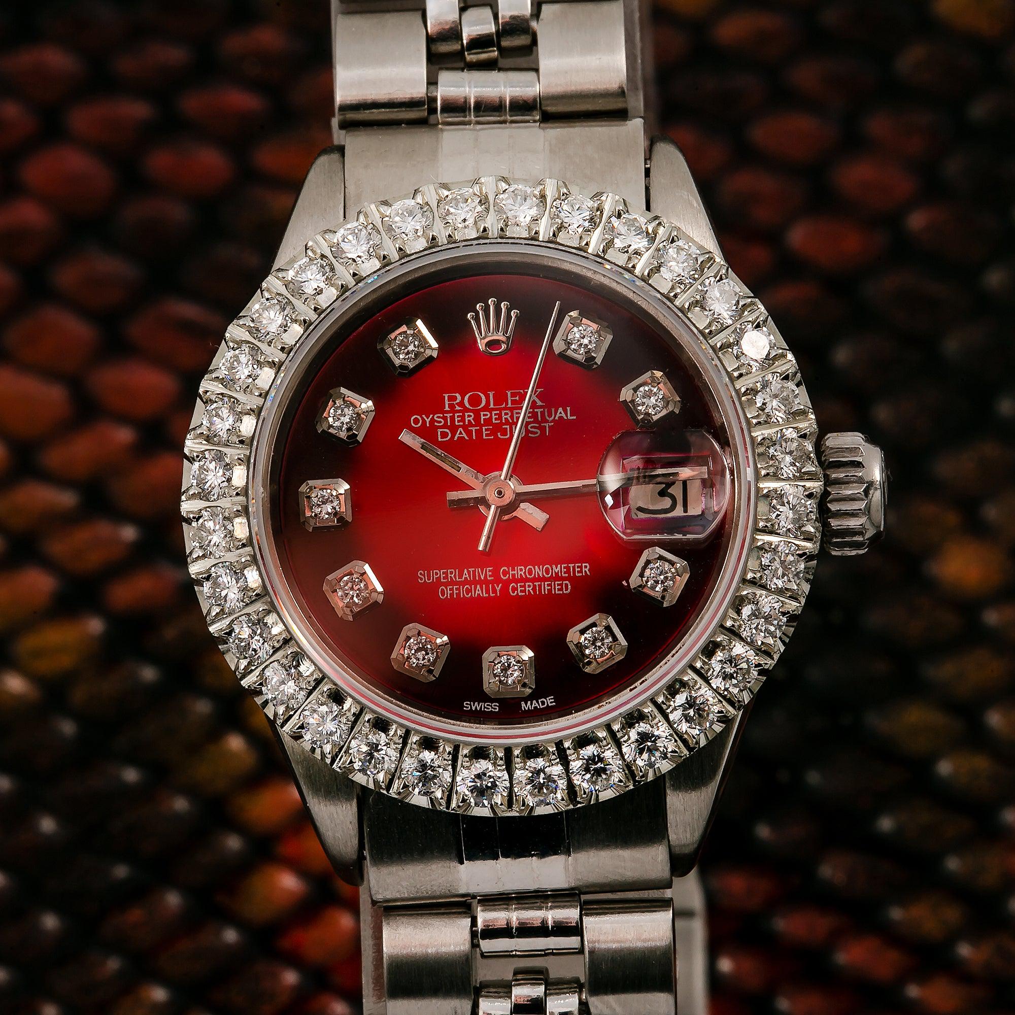Rolex Datejust 26MM 6917 Red Diamond Dial Diamond Bezel Stainless Steel Jubilee Bracelet