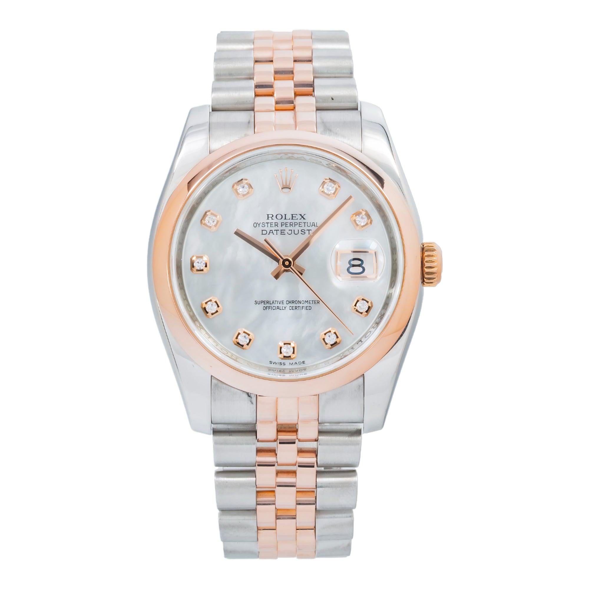 Rolex Datejust 36MM 116201 Mother of Pearl Diamond Dial Rose Gold Smooth Bezel Two Tone Jubilee Bracelet