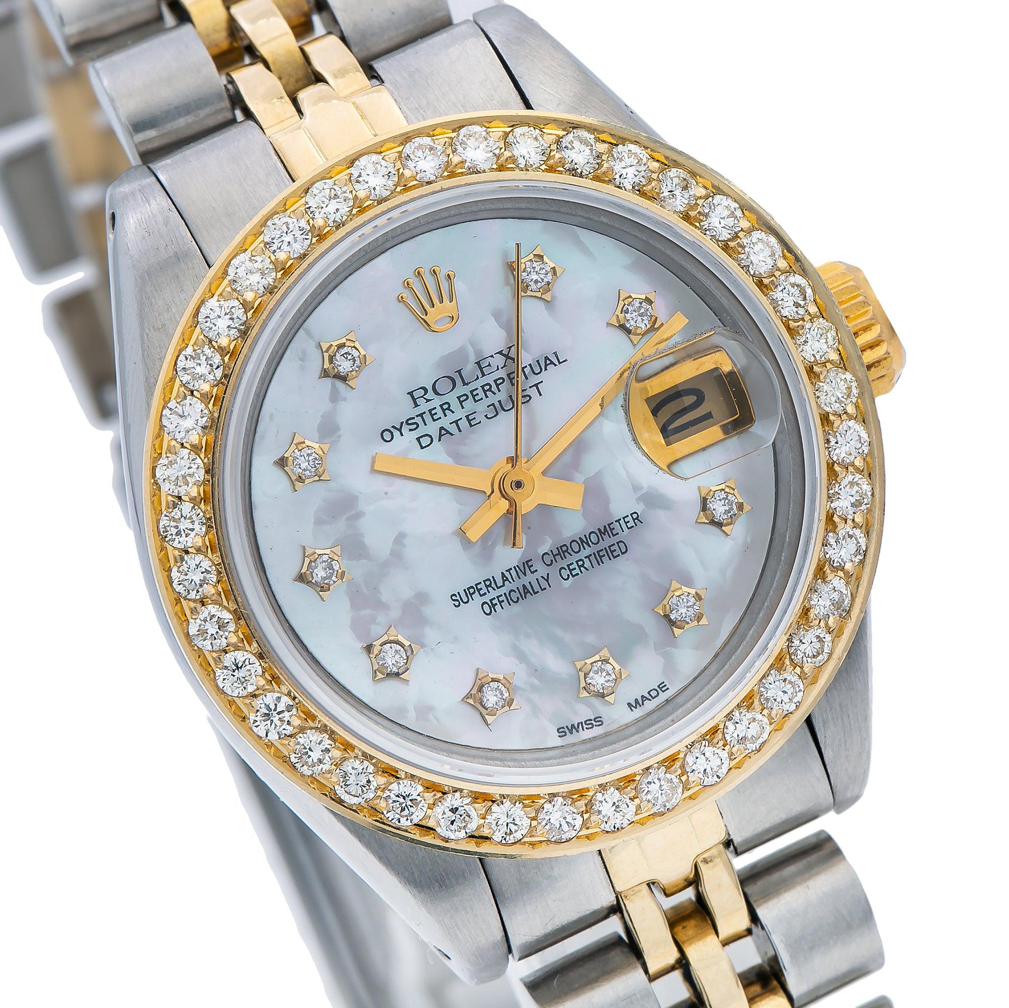 Rolex Datejust 26MM 69173 White Mother of Pearl Diamond Dial Diamond Bezel Two Tone Yellow Gold Jubilee Bracelet 0.9ct