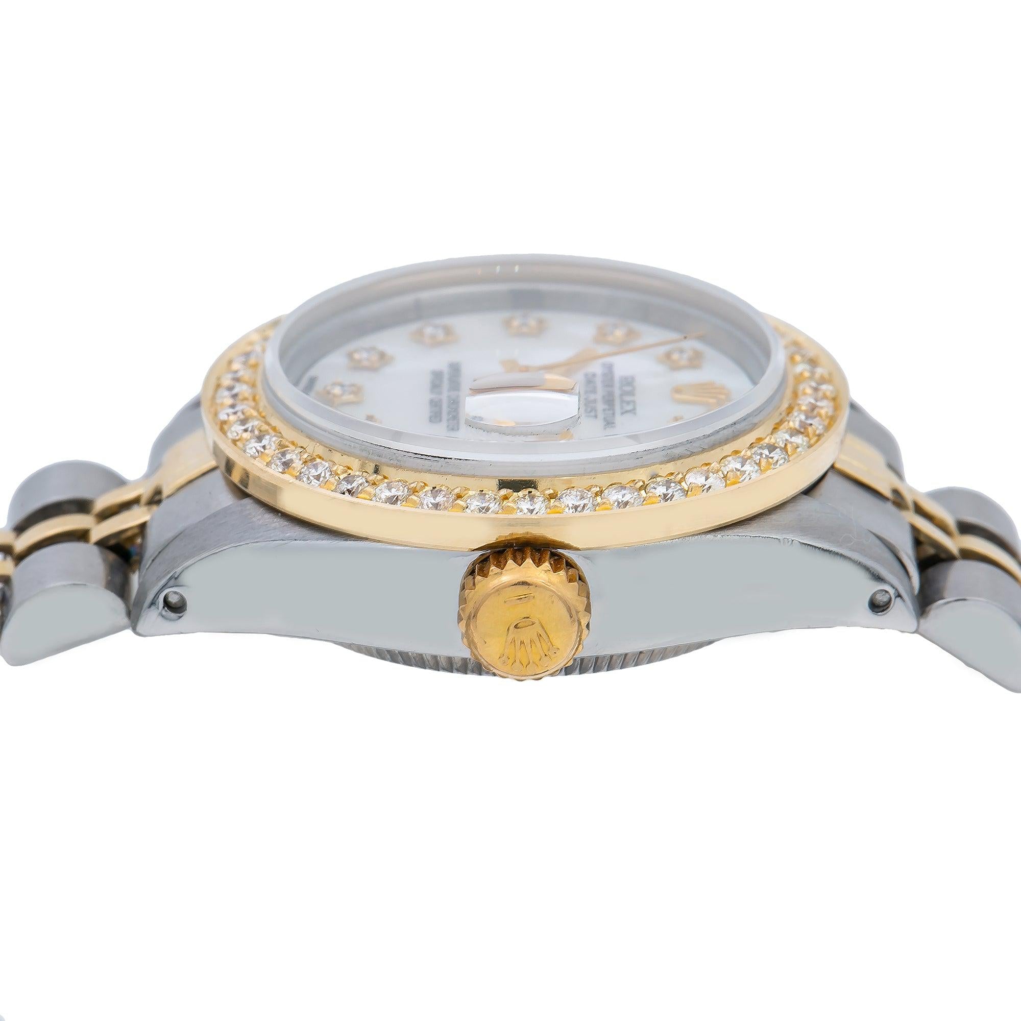 Rolex Datejust 26MM 69173 White Mother of Pearl Diamond Dial Diamond Bezel Two Tone Yellow Gold Jubilee Bracelet 0.9ct