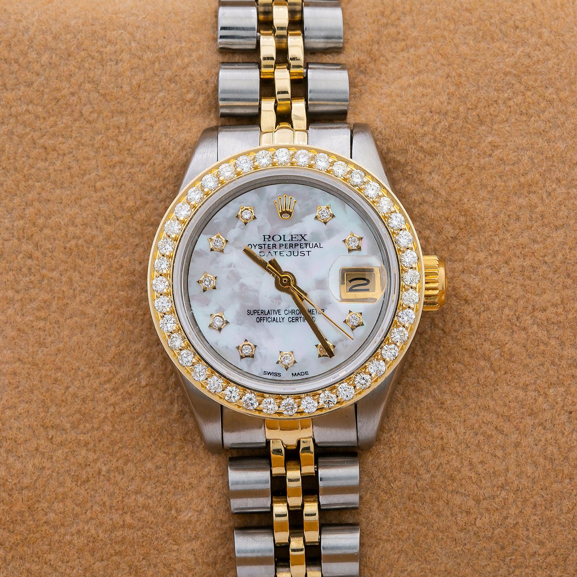 Rolex Datejust 26MM 69173 White Mother of Pearl Diamond Dial Diamond Bezel Two Tone Yellow Gold Jubilee Bracelet 0.9ct
