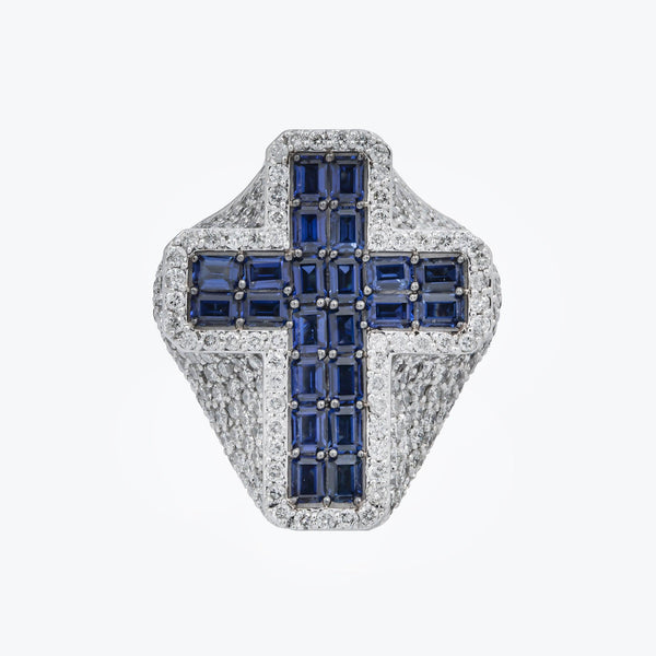 10K GOLD ROUND DIAMOND AND BLUE GEMSTONE CROSS STATEMENT RING 9.22 CTW