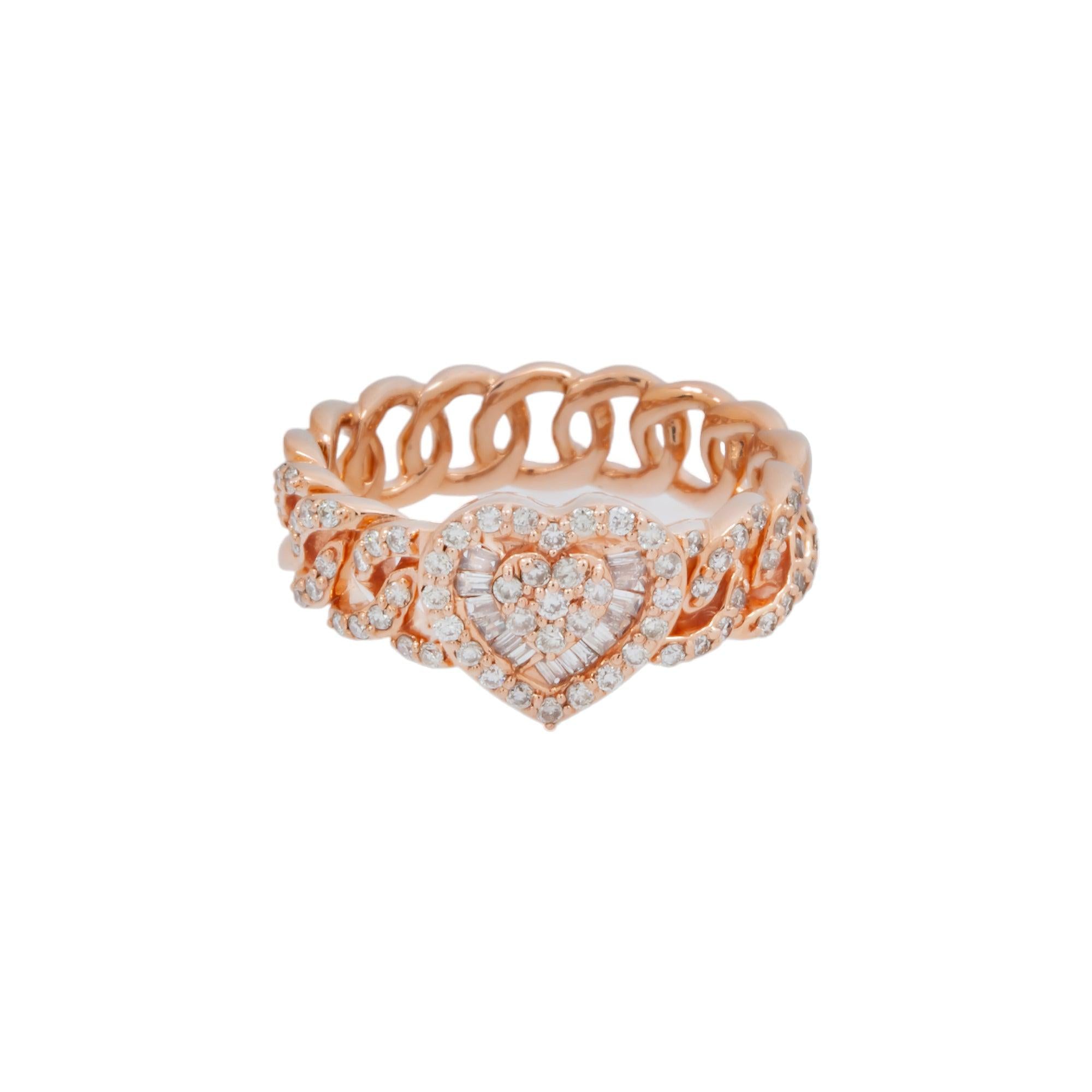 14K GOLD BAGUETTE AND ROUND DIAMOND OPEN LINK HEART RING 0.50 CT