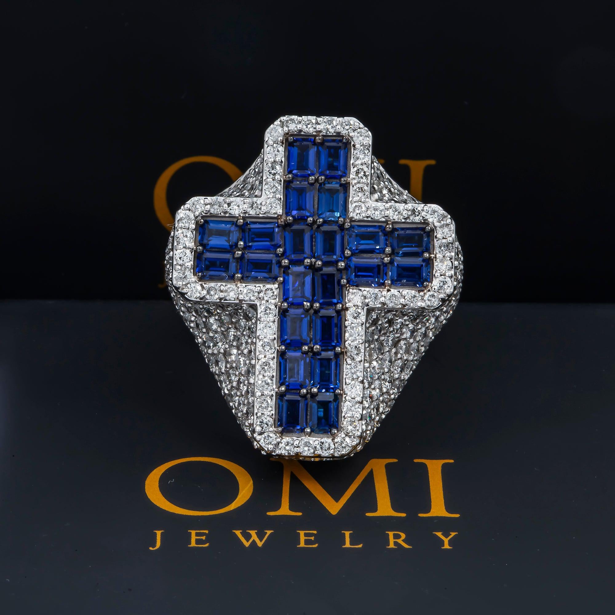 10K GOLD ROUND DIAMOND AND BLUE GEMSTONE CROSS STATEMENT RING 9.22 CTW