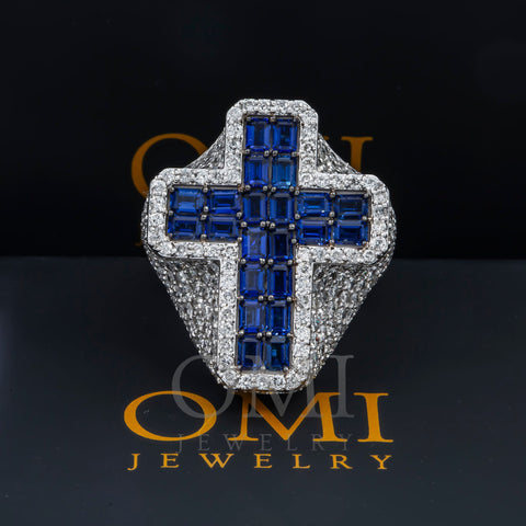 10K GOLD ROUND DIAMOND AND BLUE GEMSTONE CROSS STATEMENT RING 9.22 CTW
