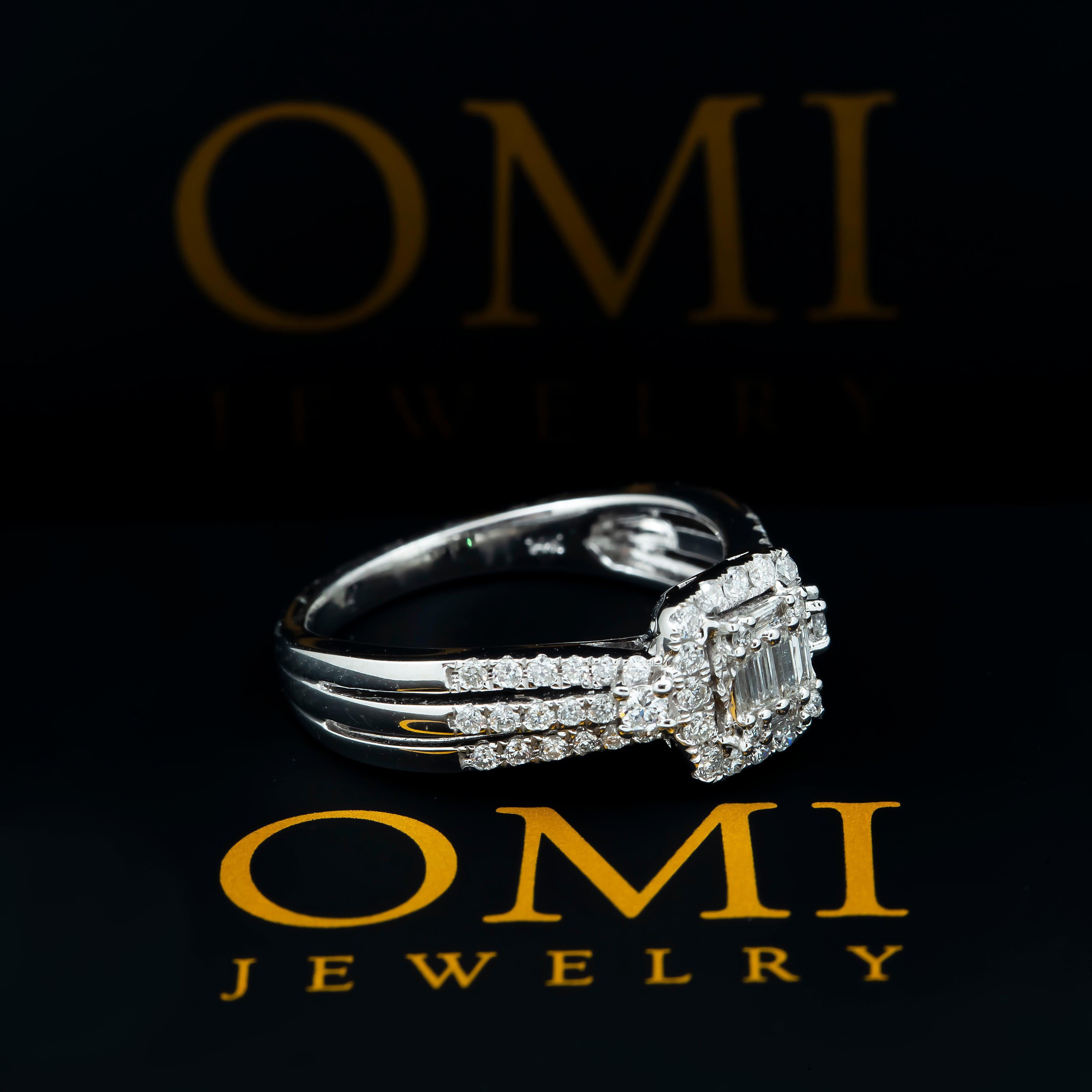 14K GOLD BAGUETTE DIAMOND SQUARE HEAD RING WITH HALO 0.60 CT