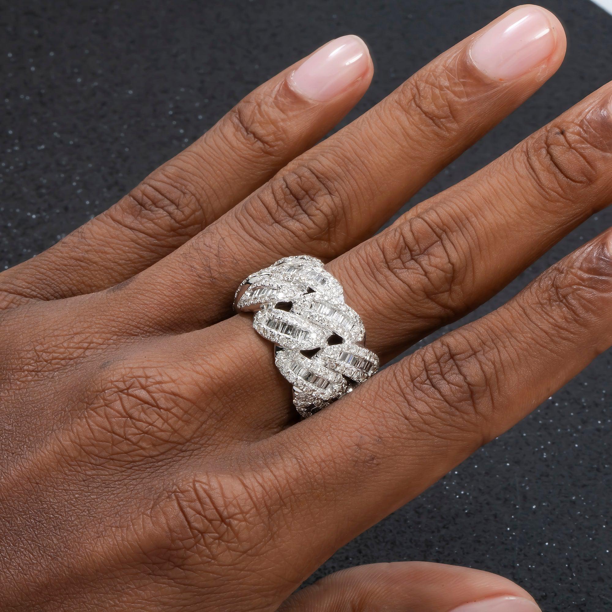 10K GOLD BAGUETTE AND ROUND DIAMOND CUBAN LINK RING 6.00 CT