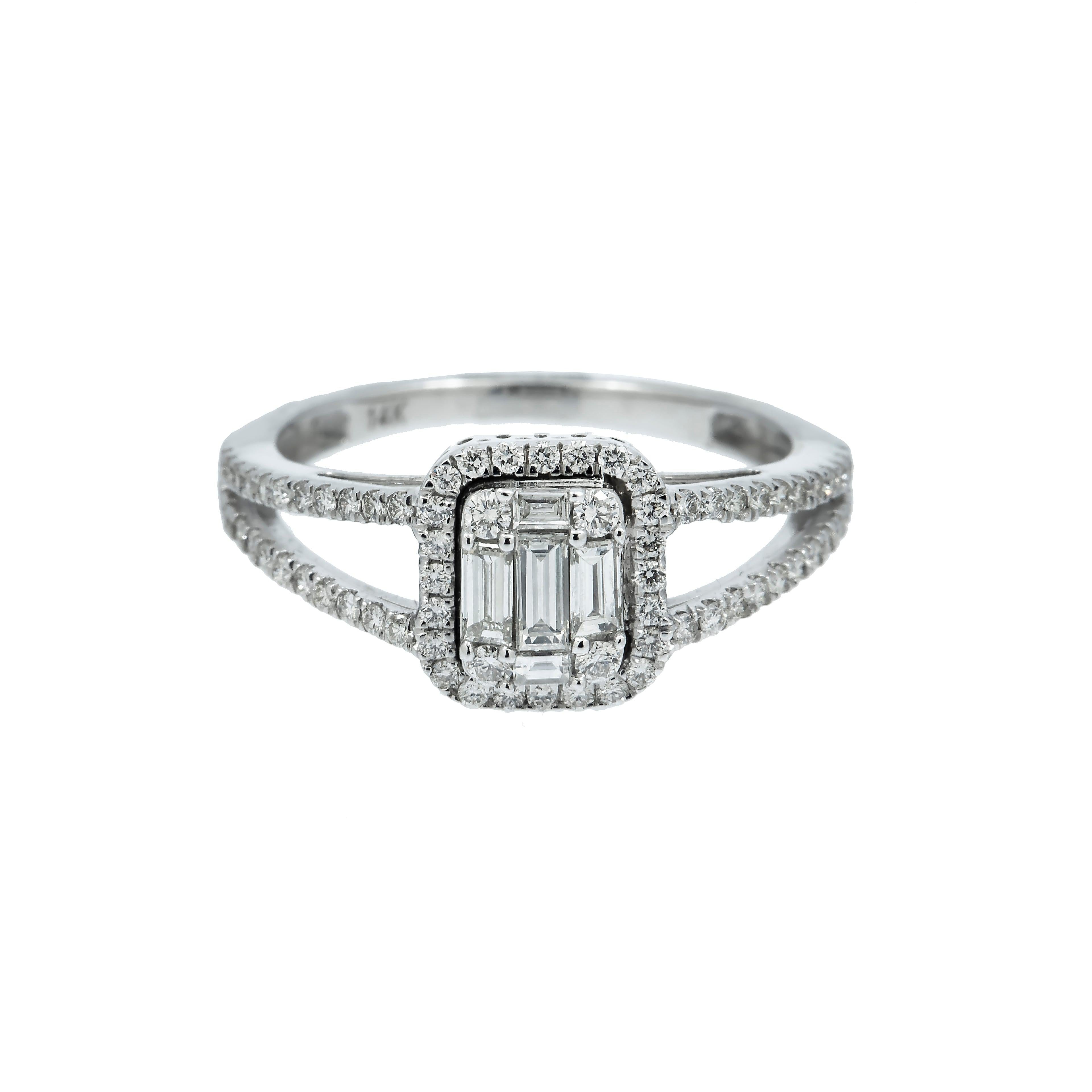 14K GOLD BAGUETTE DIAMOND RING WITH HALO AND SPLIT SHANK 0.75 CT
