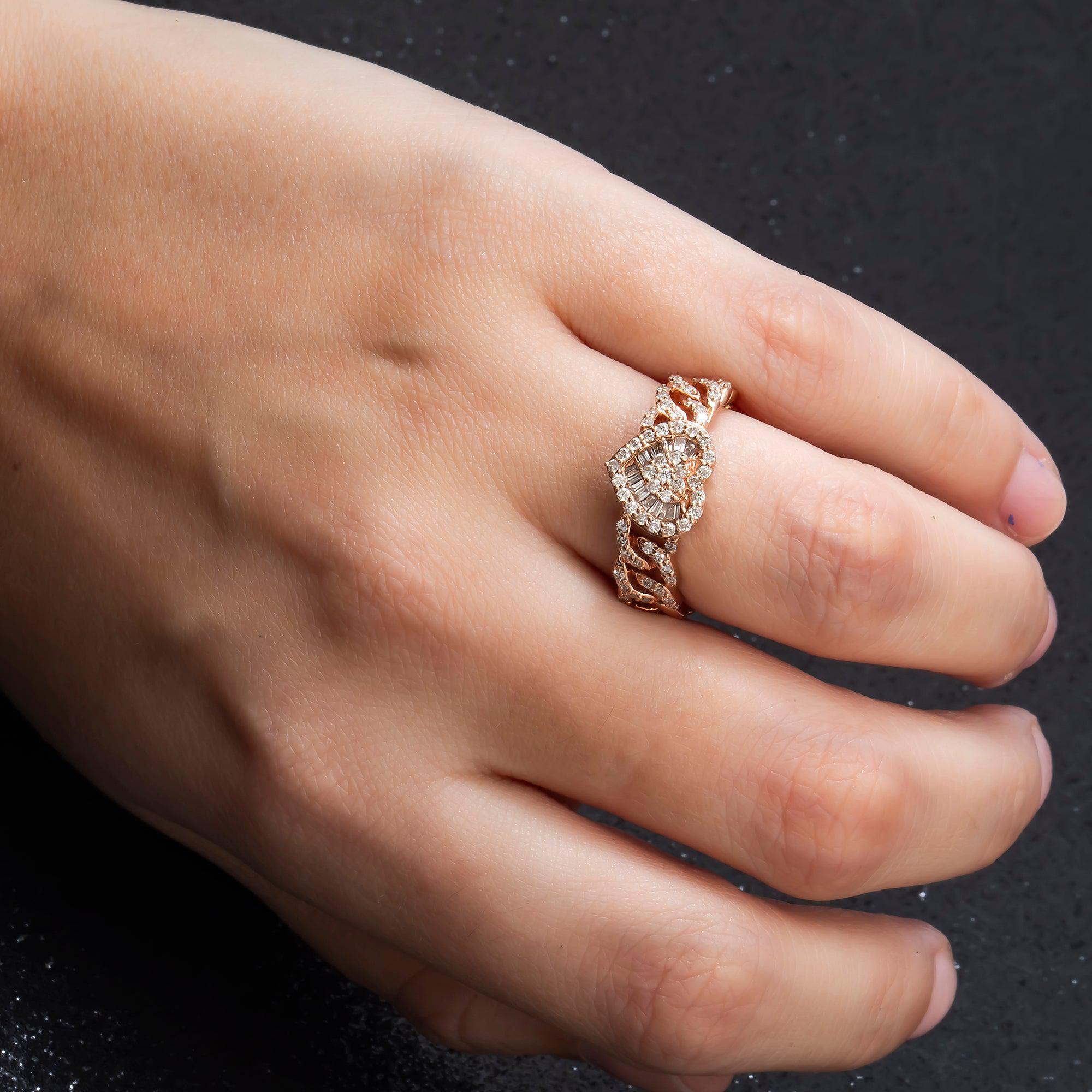 14K GOLD BAGUETTE AND ROUND DIAMOND OPEN LINK HEART RING 0.50 CT