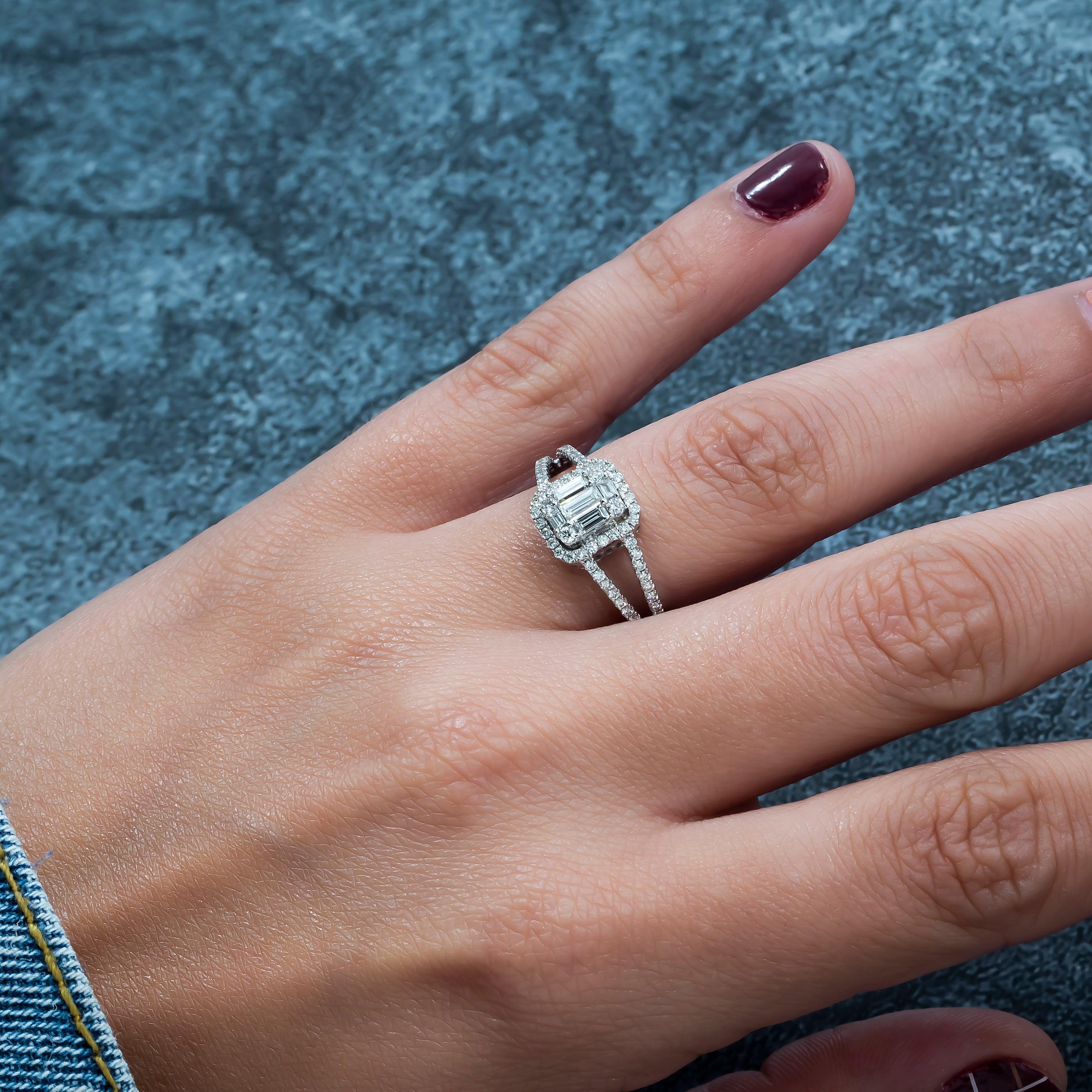 14K GOLD BAGUETTE DIAMOND RING WITH HALO AND SPLIT SHANK 0.75 CT