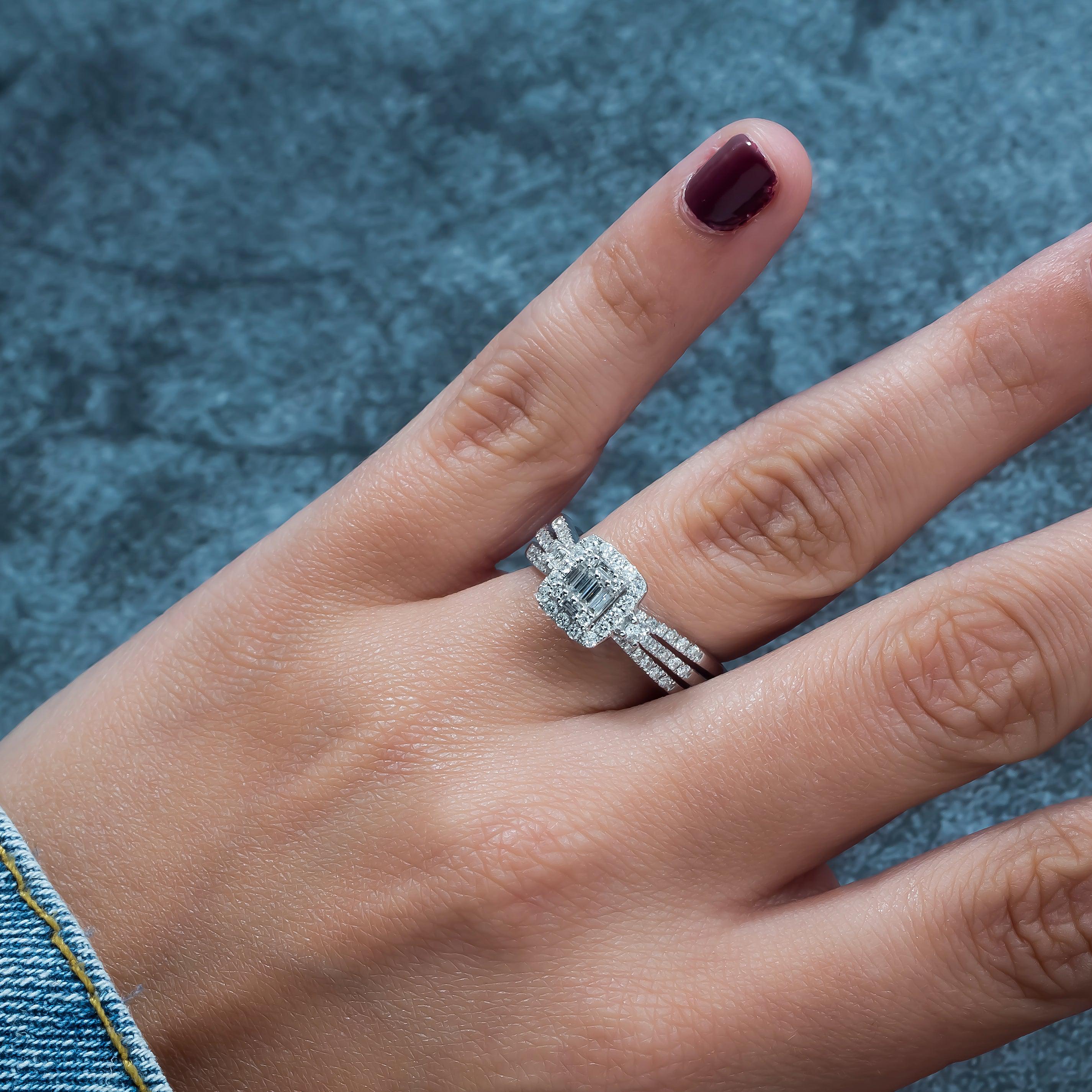 14K GOLD BAGUETTE DIAMOND SQUARE HEAD RING WITH HALO 0.60 CT