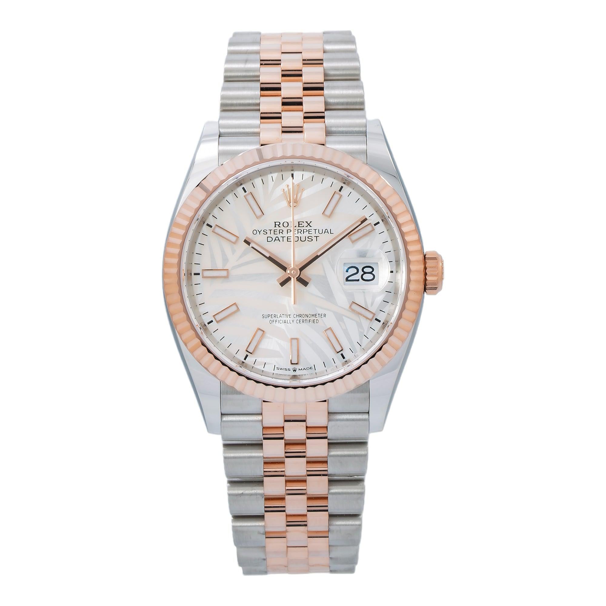 Rolex Datejust 36MM 126231 Silver Palm Dial Rose Gold Fluted Bezel Two Tone Jubilee Bracelet