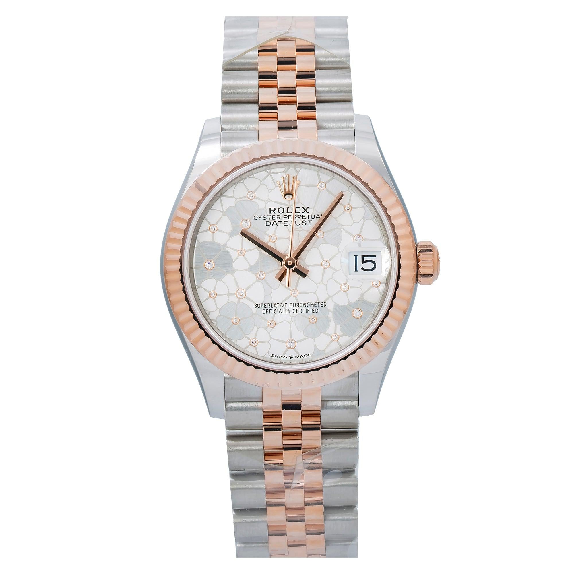 Rolex Datejust 31MM 278271 Silver Floral Motif Diamond Dial Rose Gold Fluted Bezel Two Tone Jubilee Bracelet