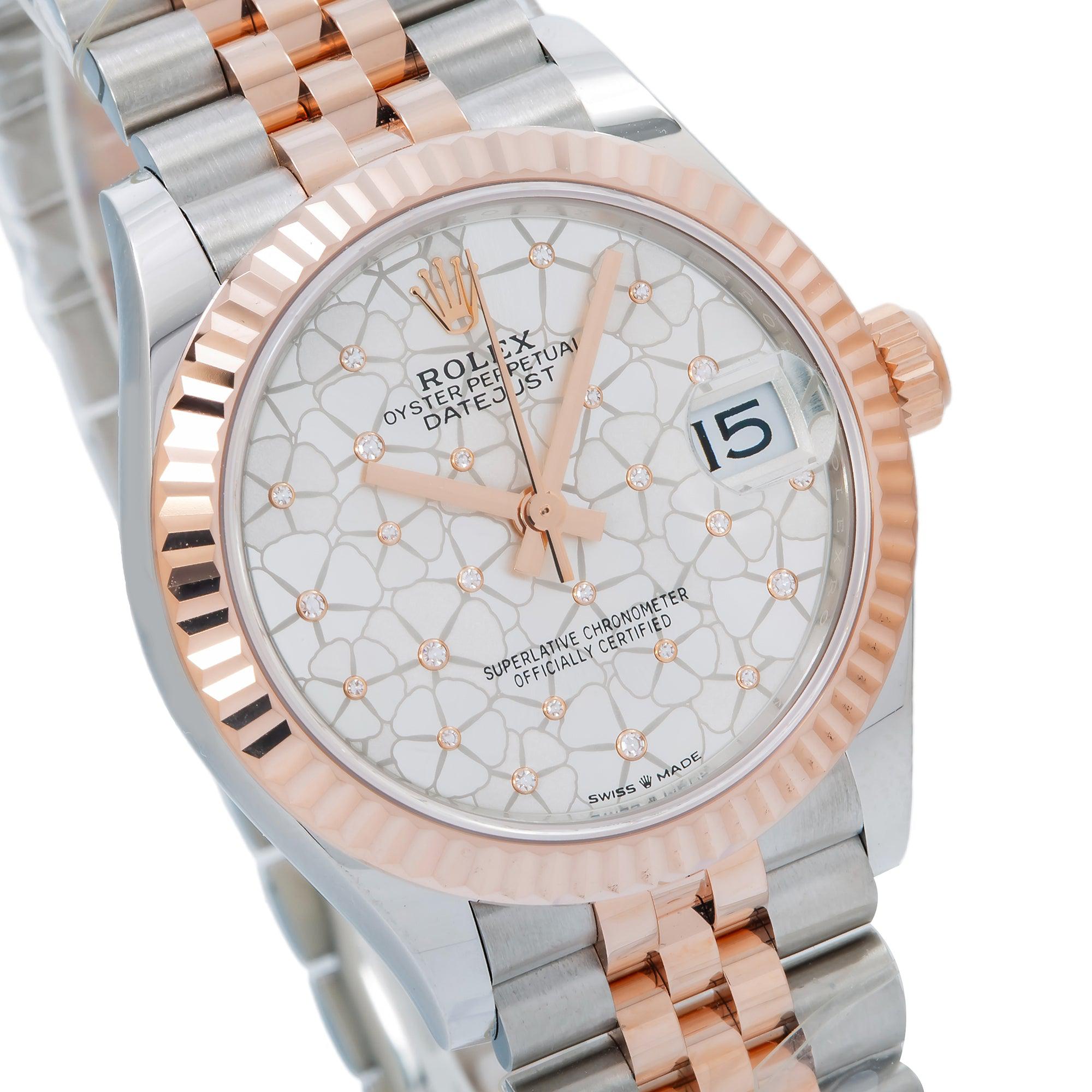 Rolex Datejust 31MM 278271 Silver Floral Diamond Dial Fluted Bezel Two Tone Rose Gold Jubilee Bracelet