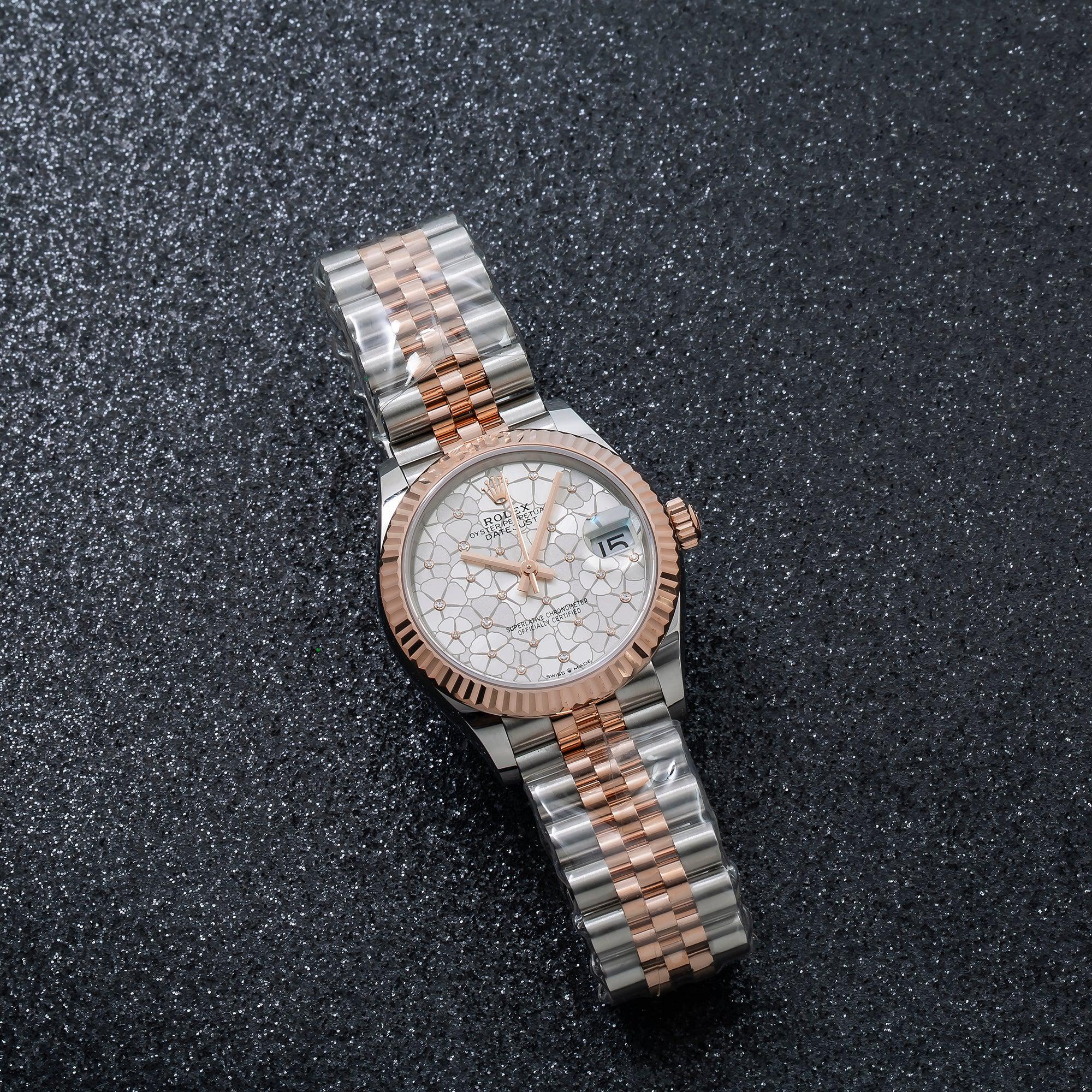 Rolex Datejust 31MM 278271 Silver Floral Diamond Dial Fluted Bezel Two Tone Rose Gold Jubilee Bracelet