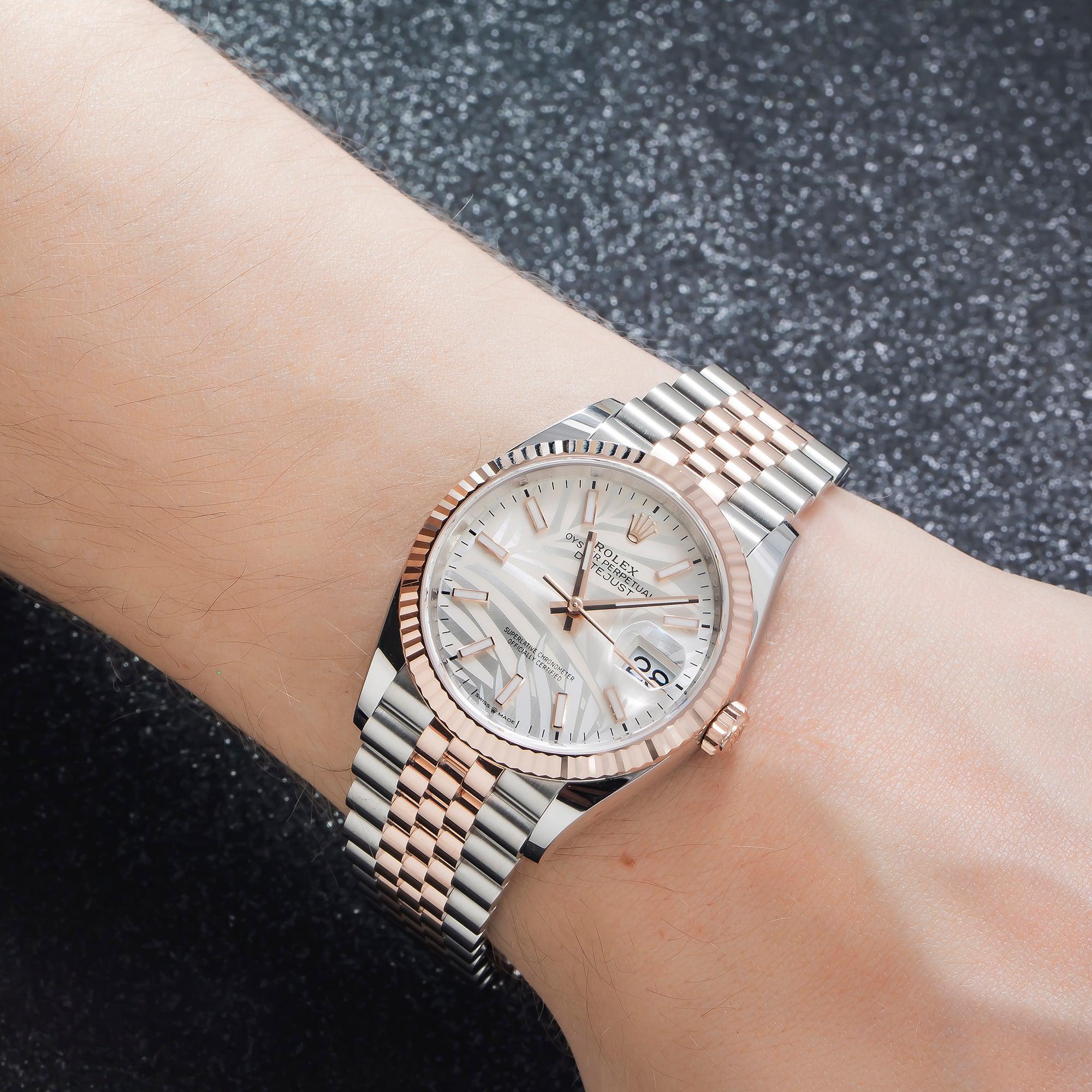 Rolex Datejust 36MM 126231 Silver Palm Dial Fluted Bezel Two Tone Rose Gold Jubilee Bracelet