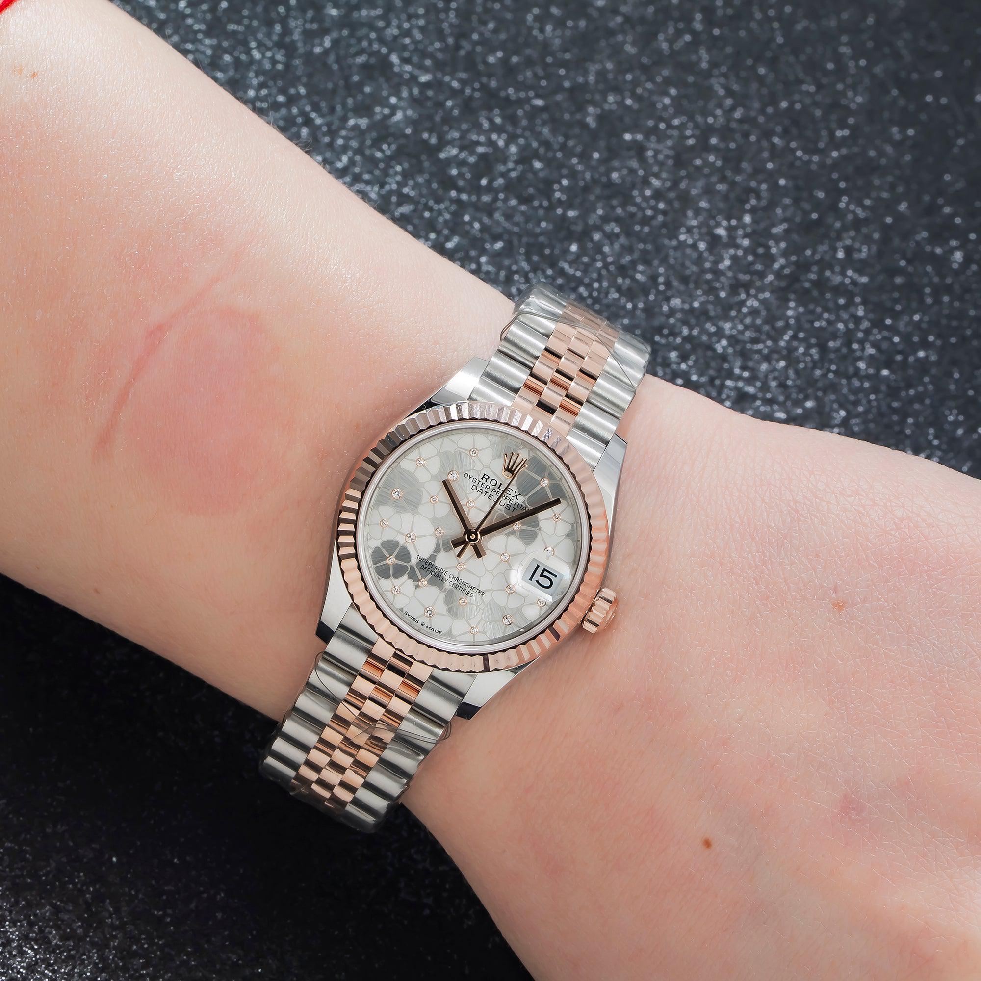 Rolex Datejust 31MM 278271 Silver Floral Diamond Dial Fluted Bezel Two Tone Rose Gold Jubilee Bracelet